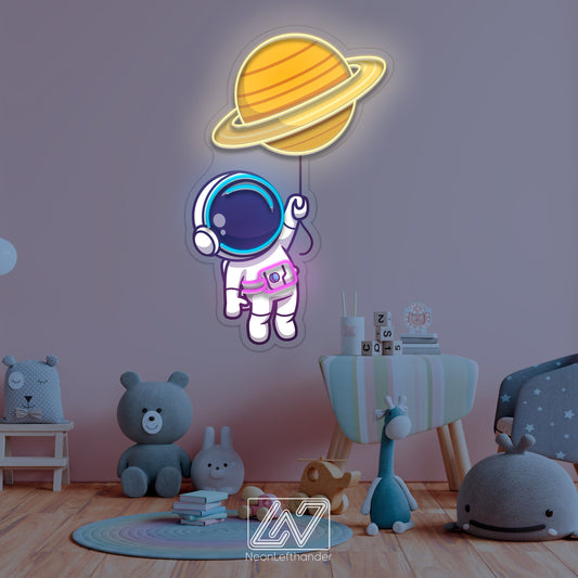 Cute Astronaut Floating with Planet Balloon in Space