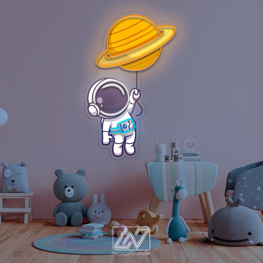 Cute Astronaut Floating with Planet Balloon in Space