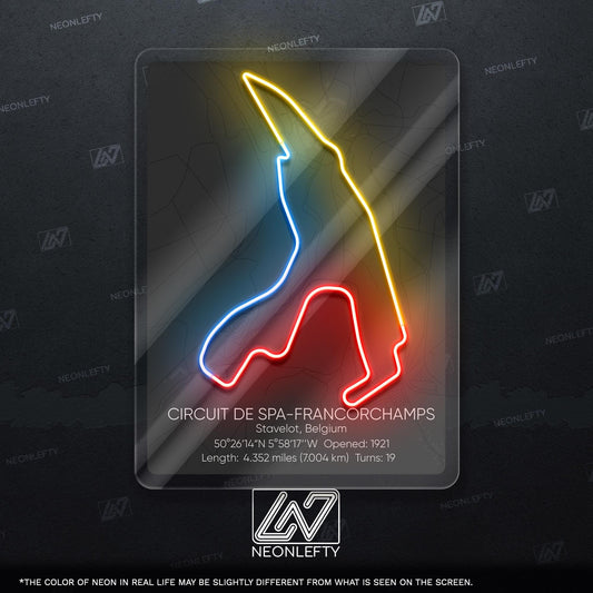 Spa Circuit Neon Sign - Legendary racing wall art inspired by Circuit de Spa-Francorchamps, perfect for garage, man cave, motorsport lover's