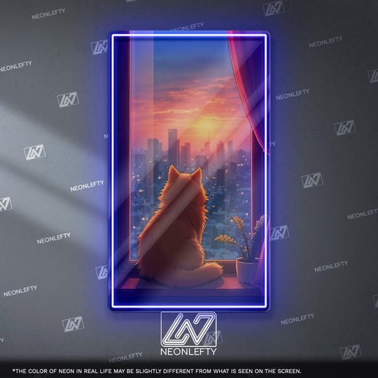 Cat Sunset Neon Sign - Cozy aesthetic cat wall decor with city view and sunset vibes, perfect for bedroom, living room, office