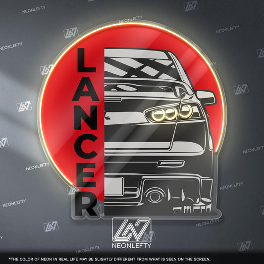 Lancer Evo X Neon Sign - Rear view wall art of iconic Mitsubishi Evo X, perfect for garage, man cave, tuner room or JDM rally car enthusiast