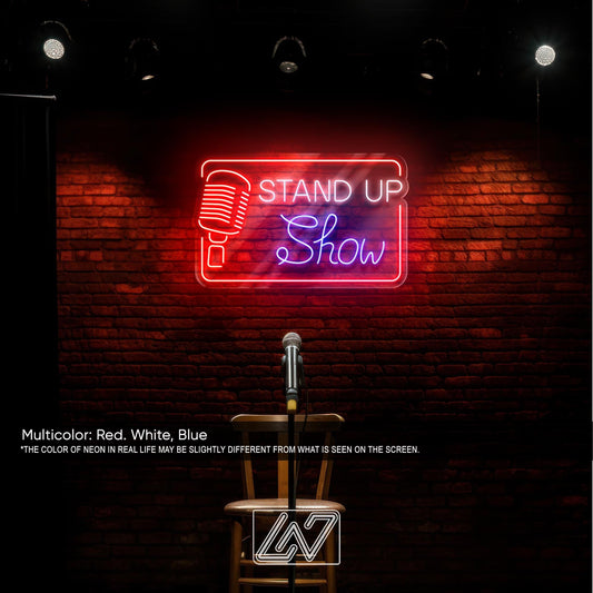 Stand Up Comedy Neon Sign, LED Show Light with Microphone, Funny Wall Decor for Comedy Club, Stage or Podcast Studio Room Art