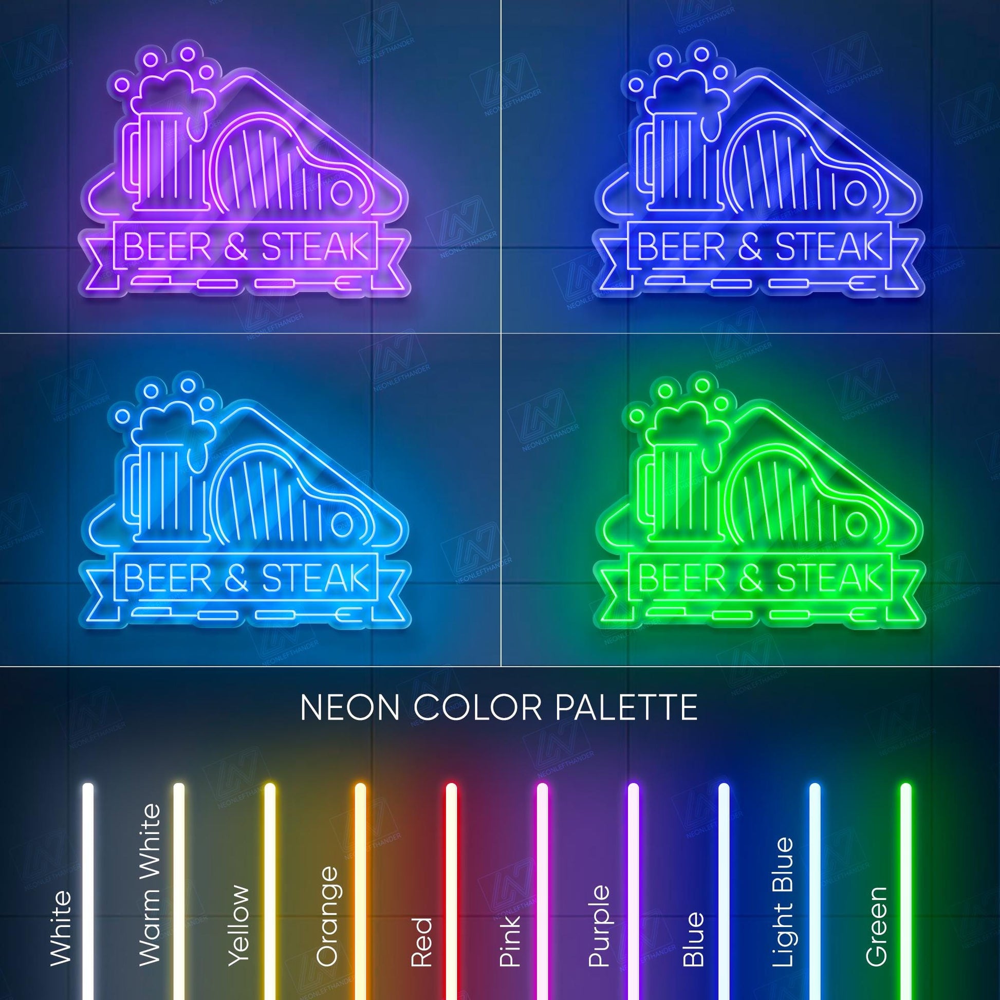 Beer & Steak LED Neon Sign Wall Light, Bold Bar and Grill Decor for Kitchen, Man Cave, Pub or Restaurant, Meat and Drink Lovers Art