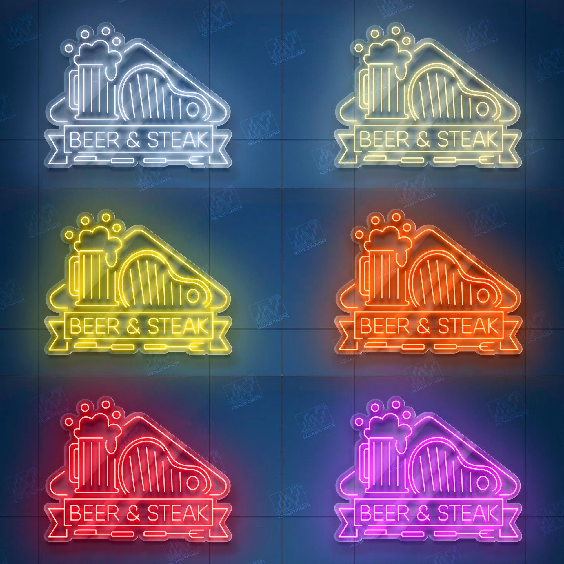 Beer & Steak LED Neon Sign Wall Light, Bold Bar and Grill Decor for Kitchen, Man Cave, Pub or Restaurant, Meat and Drink Lovers Art