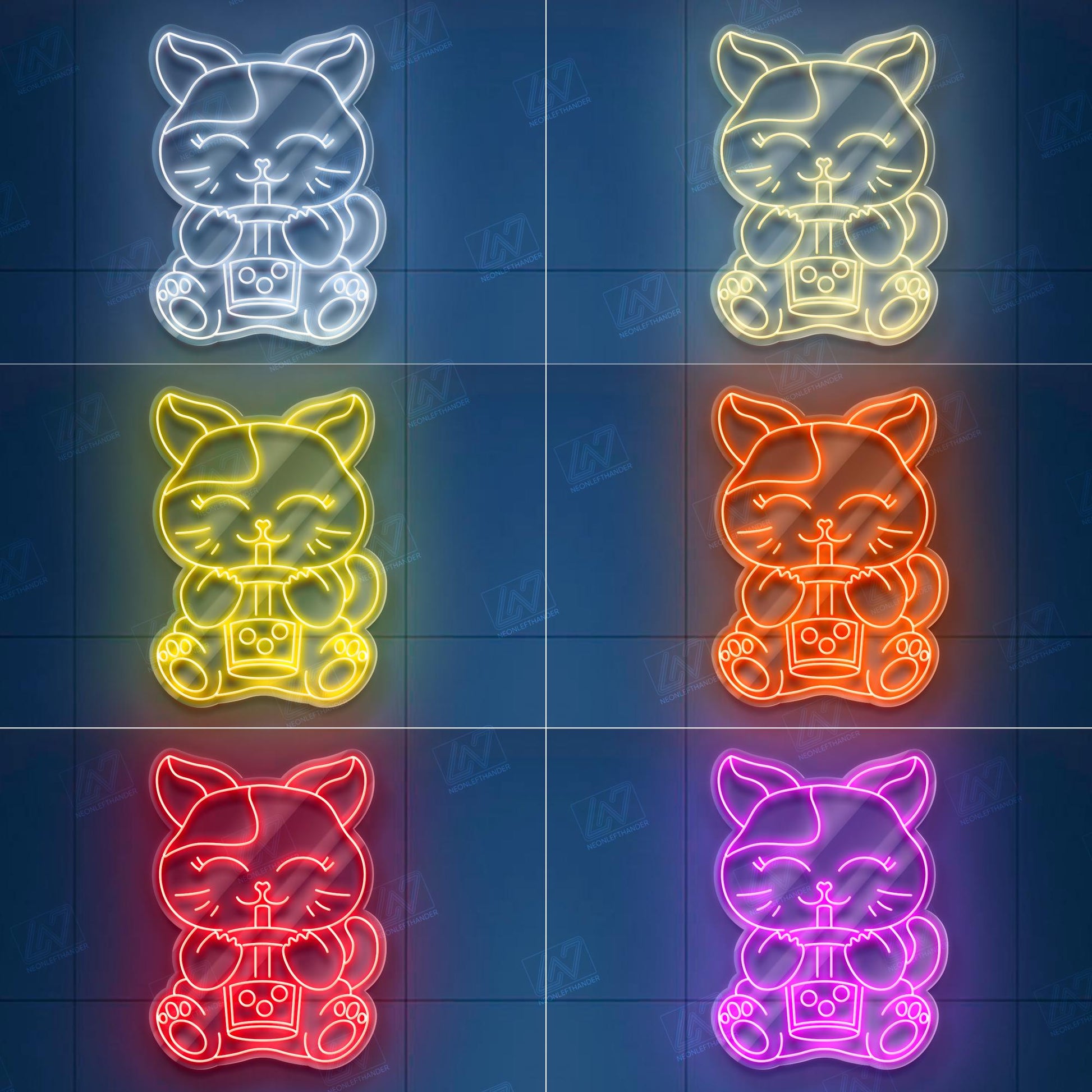 Boba Cat Neon Sign LED Light, Cute Kawaii Cat Drinking Bubble Tea Wall Art, Fun Aesthetic Decor for Café, Bedroom or Game Room