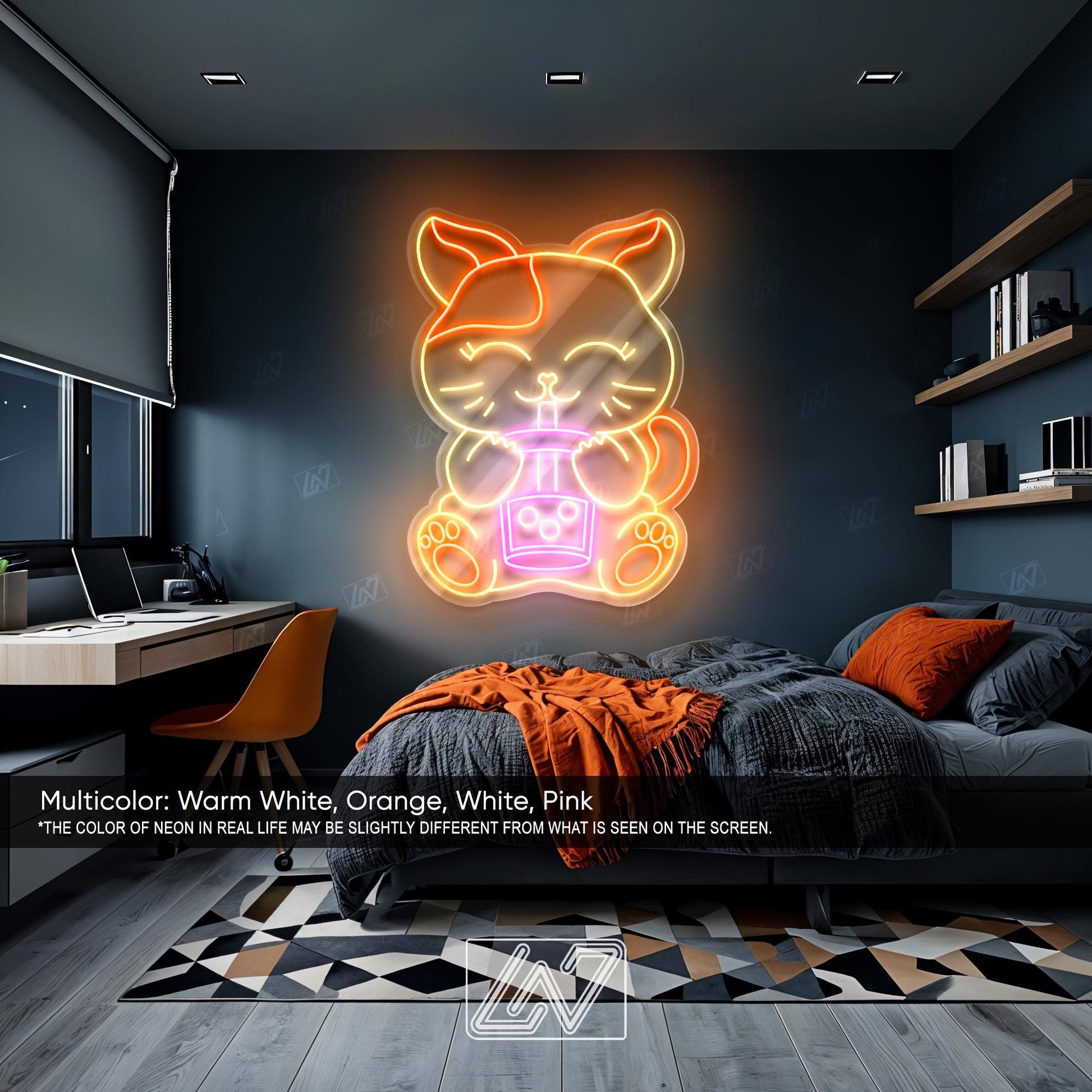 Boba Cat Neon Sign LED Light, Cute Kawaii Cat Drinking Bubble Tea Wall Art, Fun Aesthetic Decor for Café, Bedroom or Game Room
