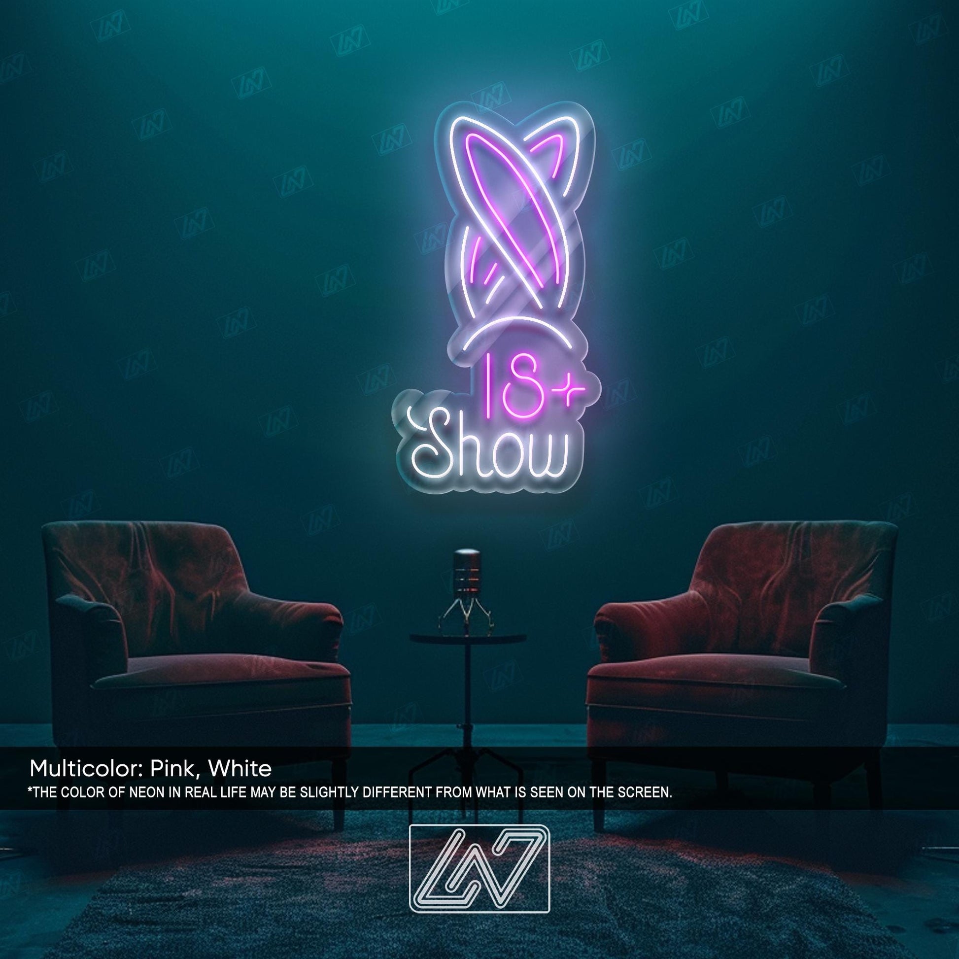 18+ Show Neon Sign – Pink & White LED Bunny Ears Light for Adults-Only Events, Boudoir Decor, or Club Wall Art – Risqué Neon Room Sign