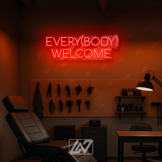 Every(body) Welcome Neon Sign LED Light, Inclusive Tattoo Studio Wall Decor, Body Positivity Sign for Ink Parlor or Creative Space