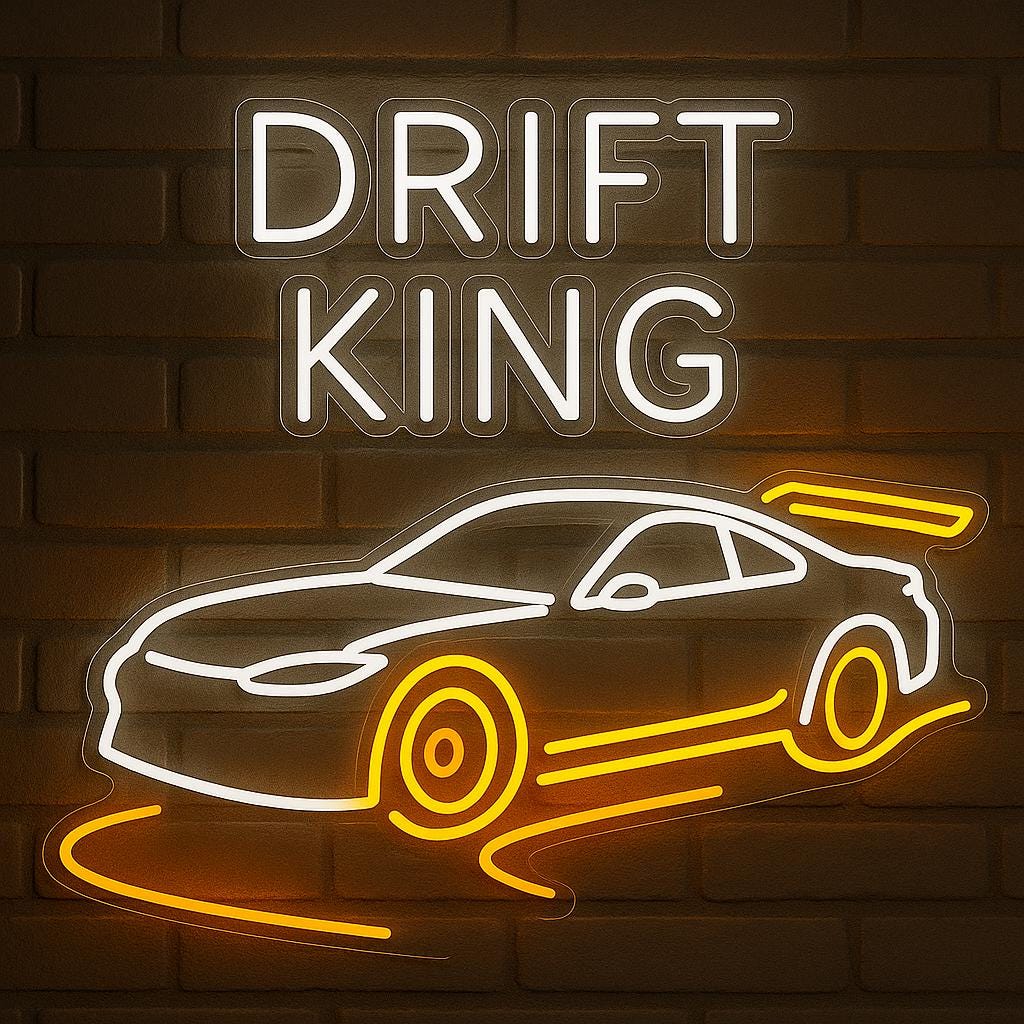 Drift King LED Neon Sign – Wall Light with Car Design for Garage, Man Cave or Racing Room, Perfect Gift for Drift Fans and Car Enthusiasts