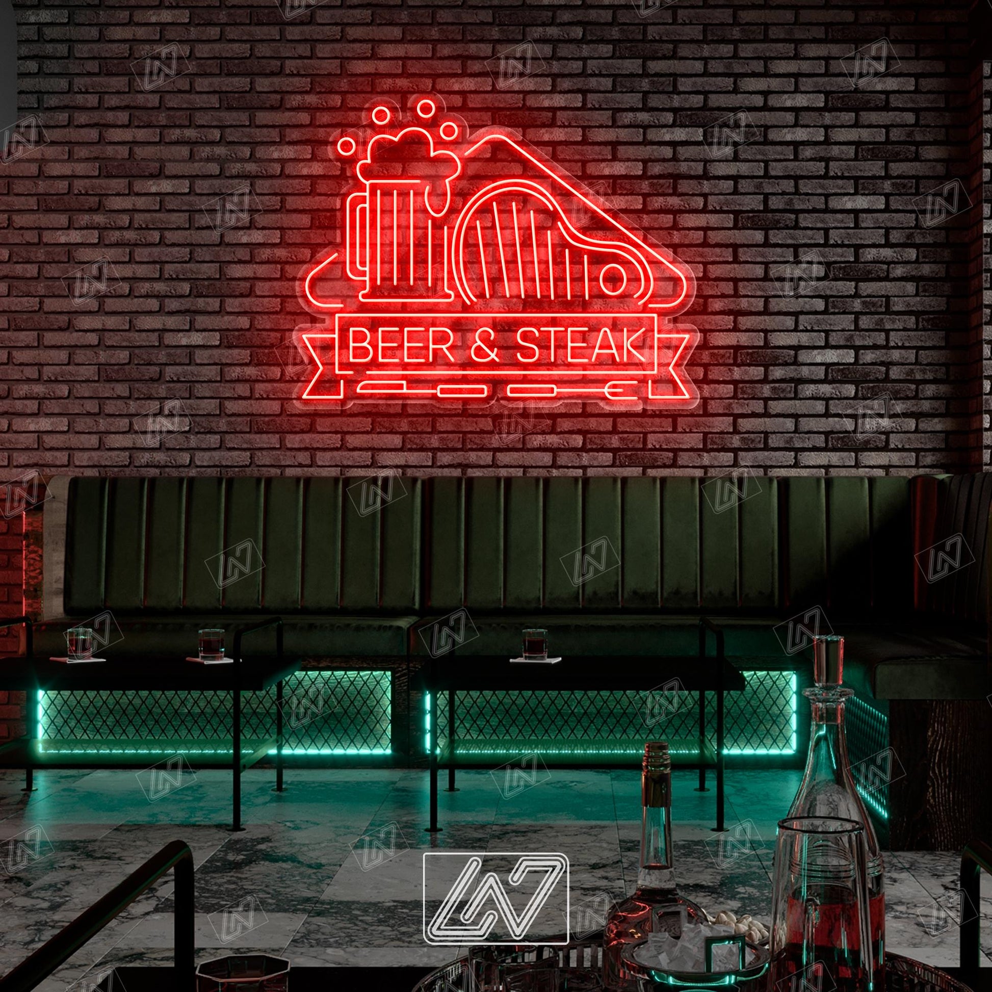 Beer & Steak LED Neon Sign Wall Light, Bold Bar and Grill Decor for Kitchen, Man Cave, Pub or Restaurant, Meat and Drink Lovers Art