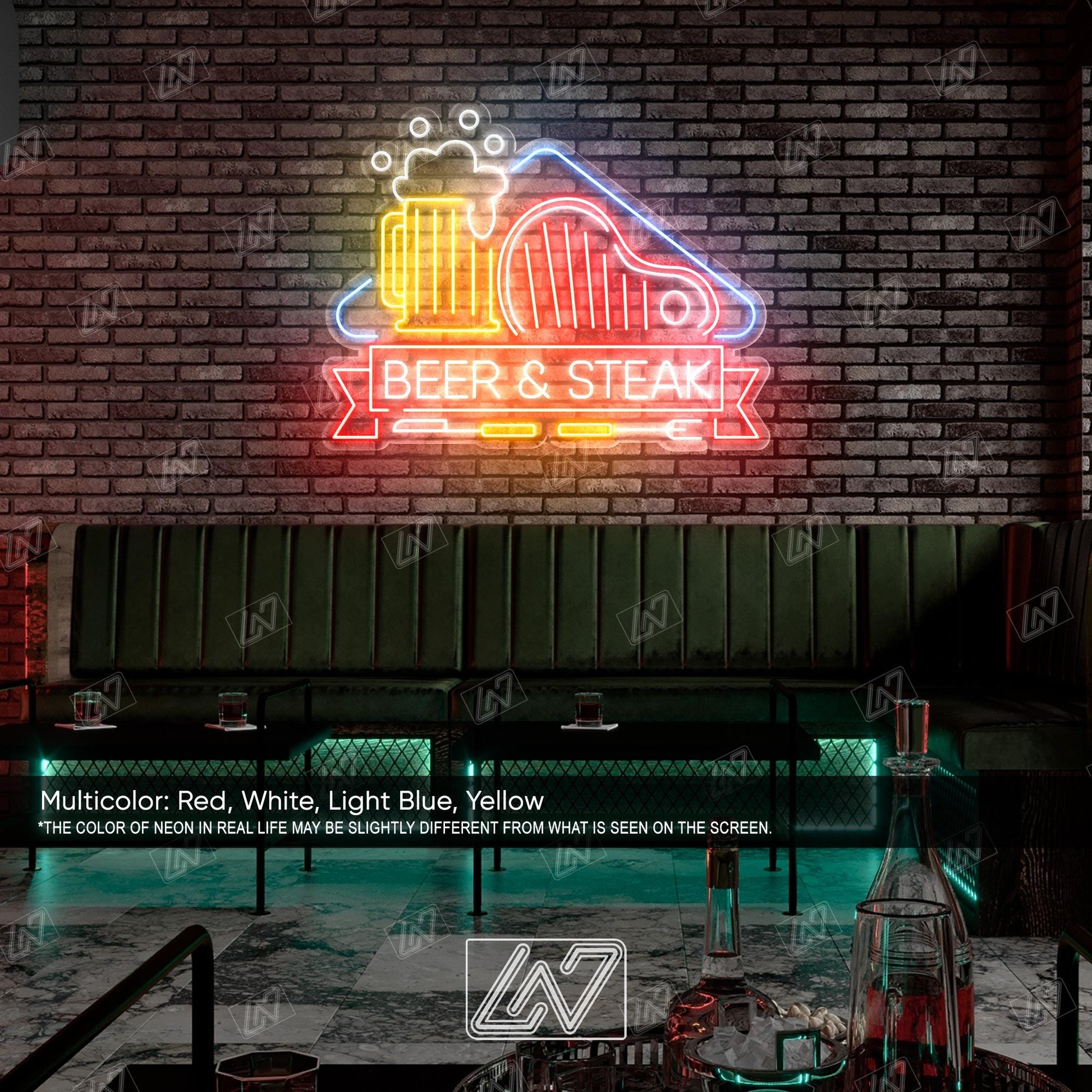 Beer & Steak LED Neon Sign Wall Light, Bold Bar and Grill Decor for Kitchen, Man Cave, Pub or Restaurant, Meat and Drink Lovers Art