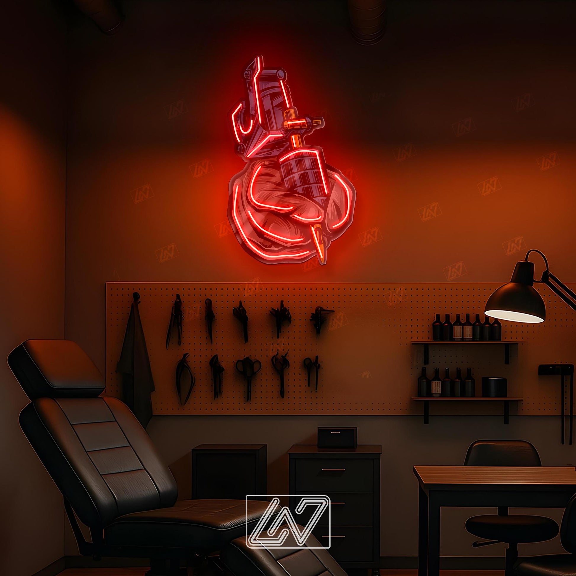 Tattoo Machine LED Neon Sign Wall Art, Bold UV Print Ink Gun Design for Tattoo Studio, Parlor or Artist Workspace Decoration