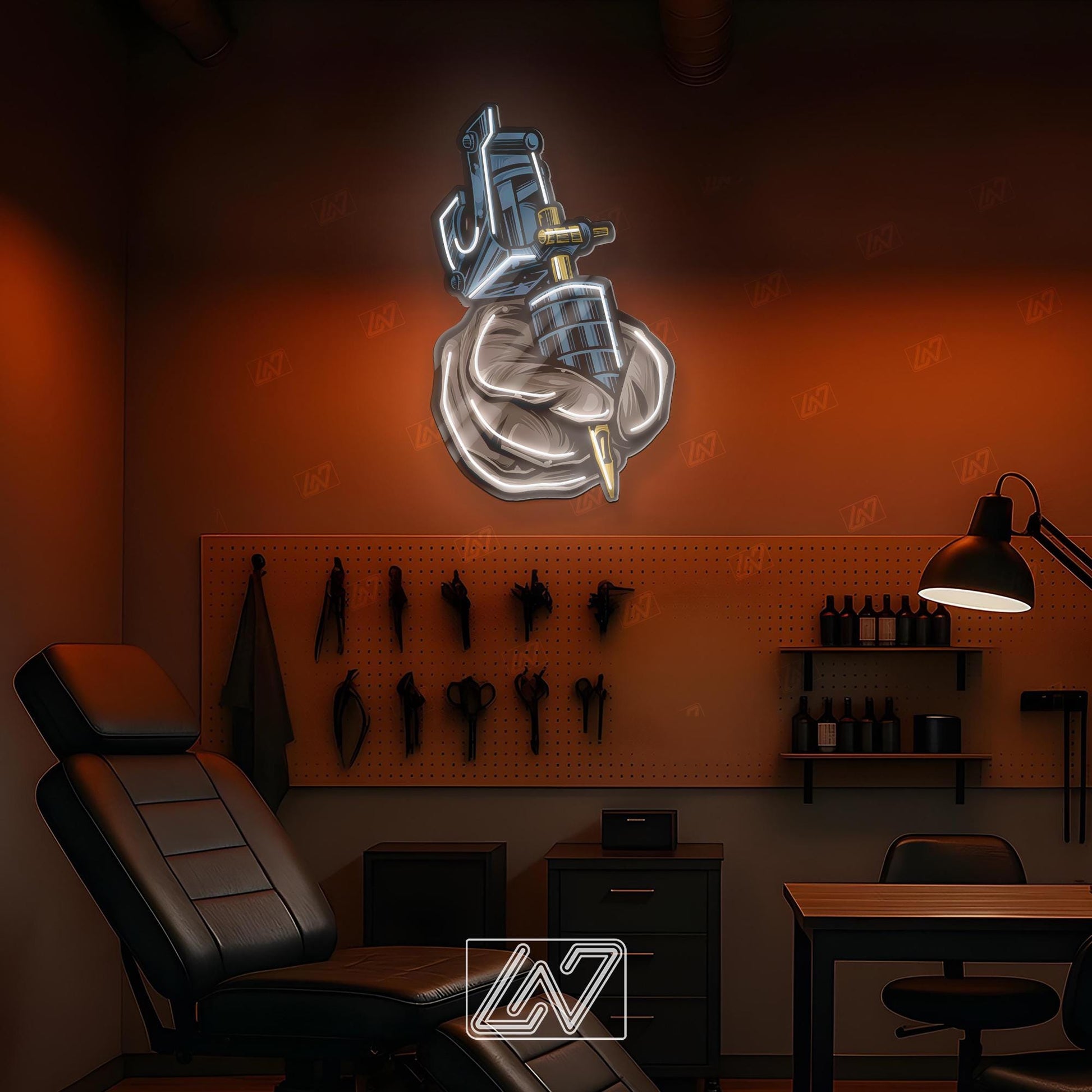 Tattoo Machine LED Neon Sign Wall Art, Bold UV Print Ink Gun Design for Tattoo Studio, Parlor or Artist Workspace Decoration