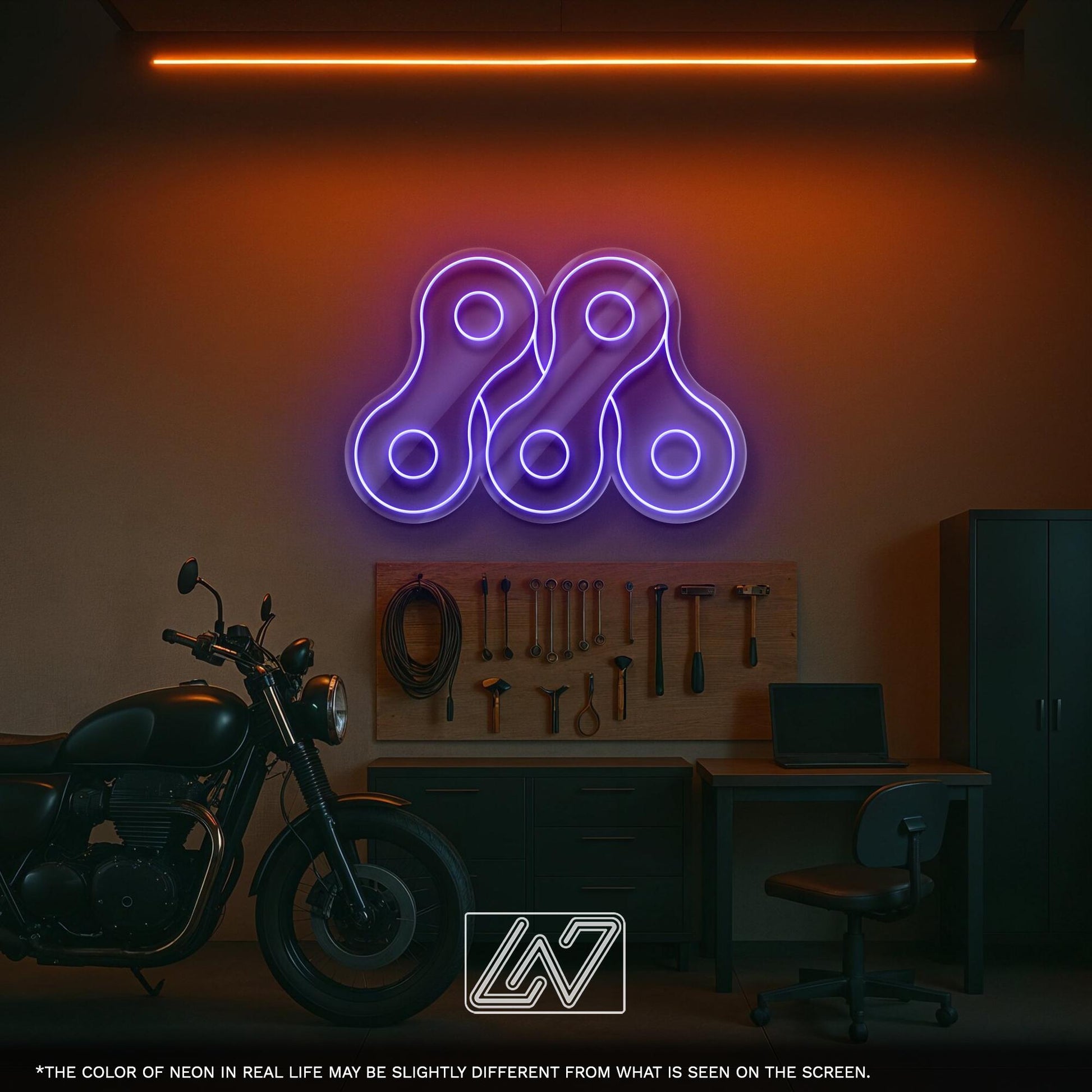 Bike Chain LED Neon Sign Wall Light, Industrial Cycling Decor Accent for Garage, Shop, Studio or Modern Urban Interior Lighting