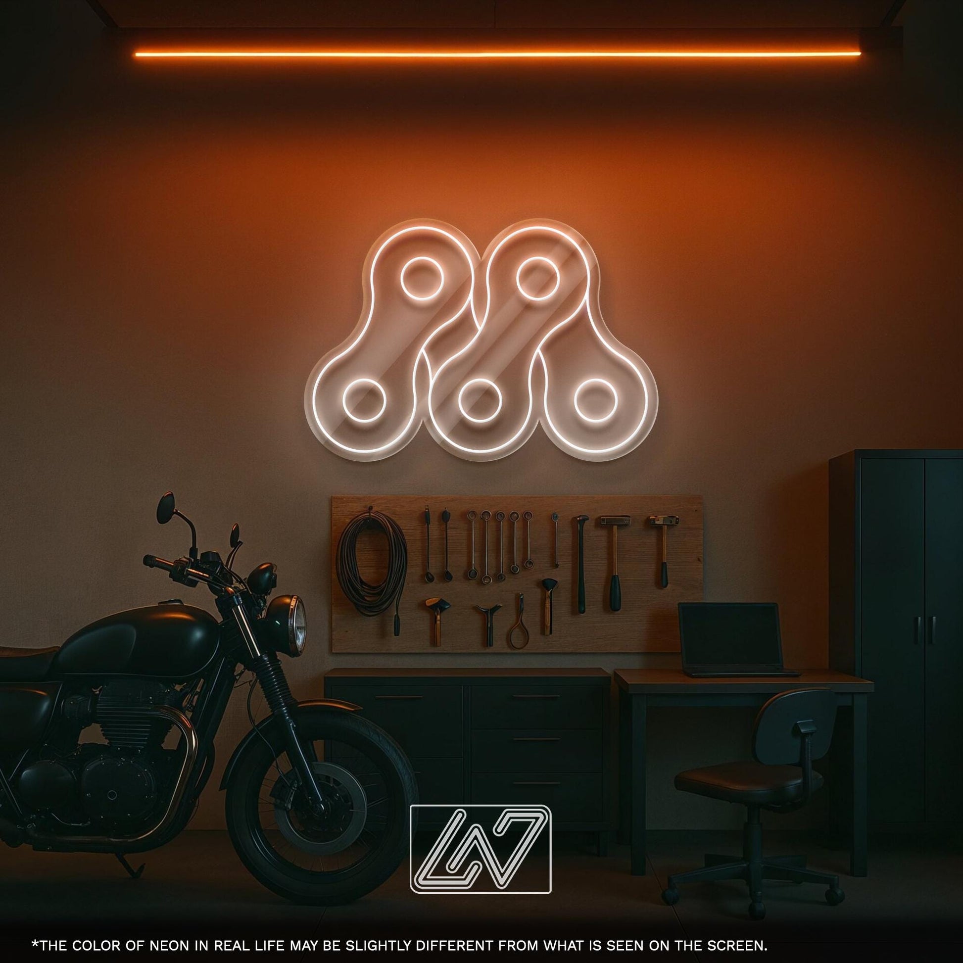 Bike Chain LED Neon Sign Wall Light, Industrial Cycling Decor Accent for Garage, Shop, Studio or Modern Urban Interior Lighting