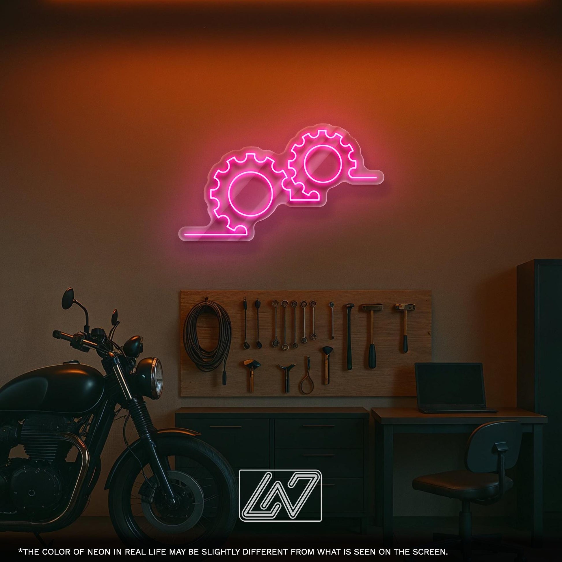 Line Gears Symbols LED Neon Sign for Workshop Decor, Industrial Wall Light, Steampunk Theme Lighting for Garage, Office or Man Cave