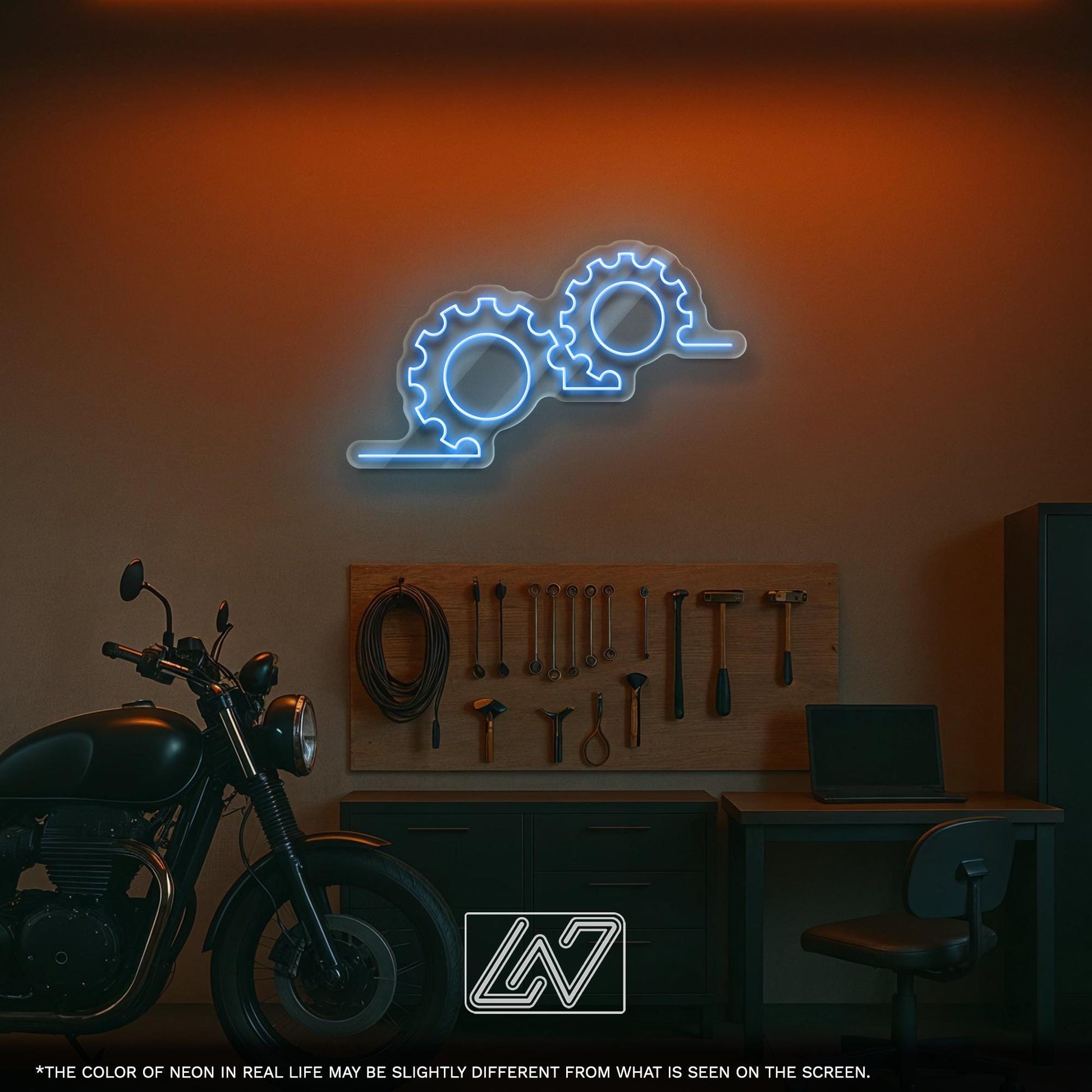 Line Gears Symbols LED Neon Sign for Workshop Decor, Industrial Wall Light, Steampunk Theme Lighting for Garage, Office or Man Cave