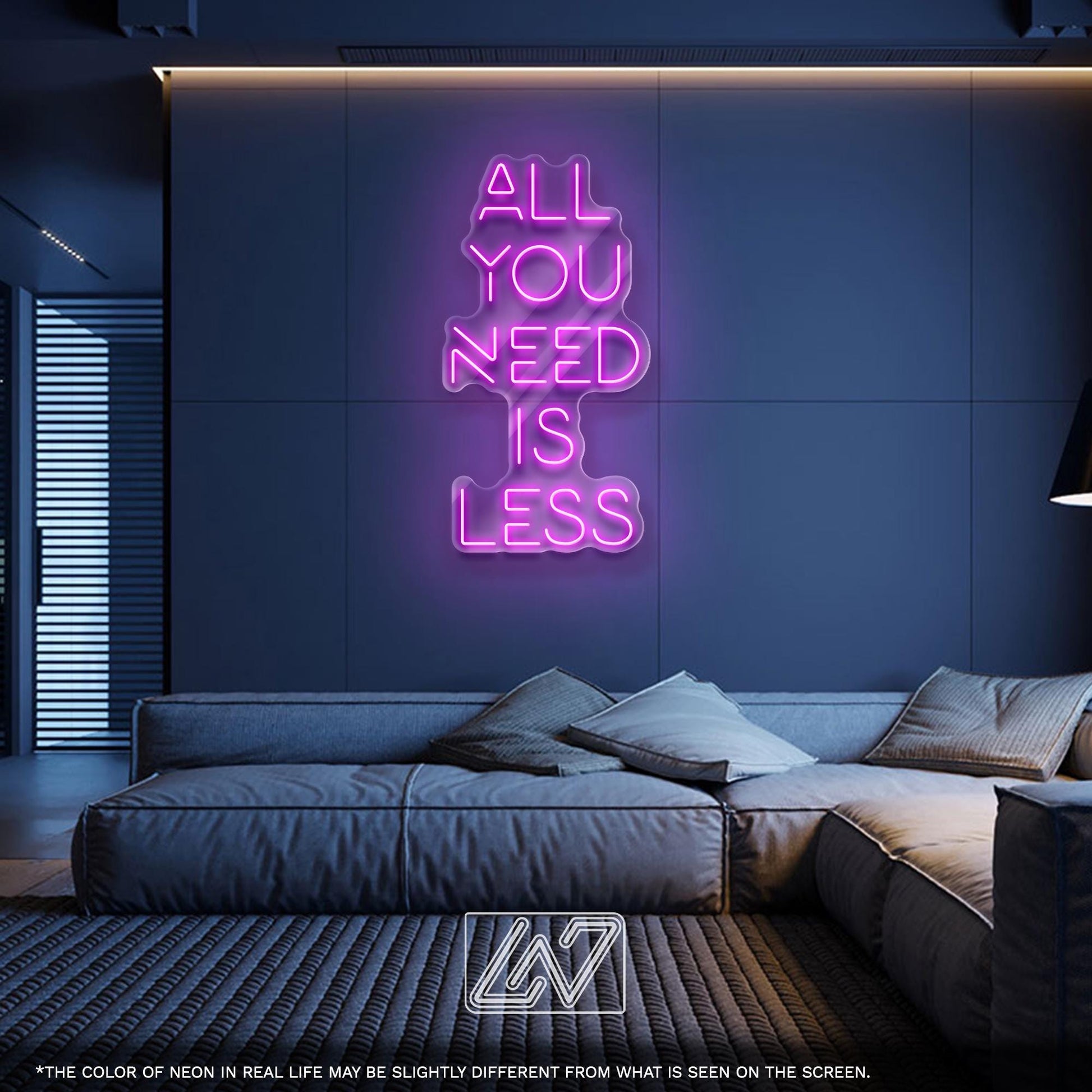 All You Need Is Less – minimalistic LED neon sign for calm spaces, perfect for modern home decor, office, or studio walls