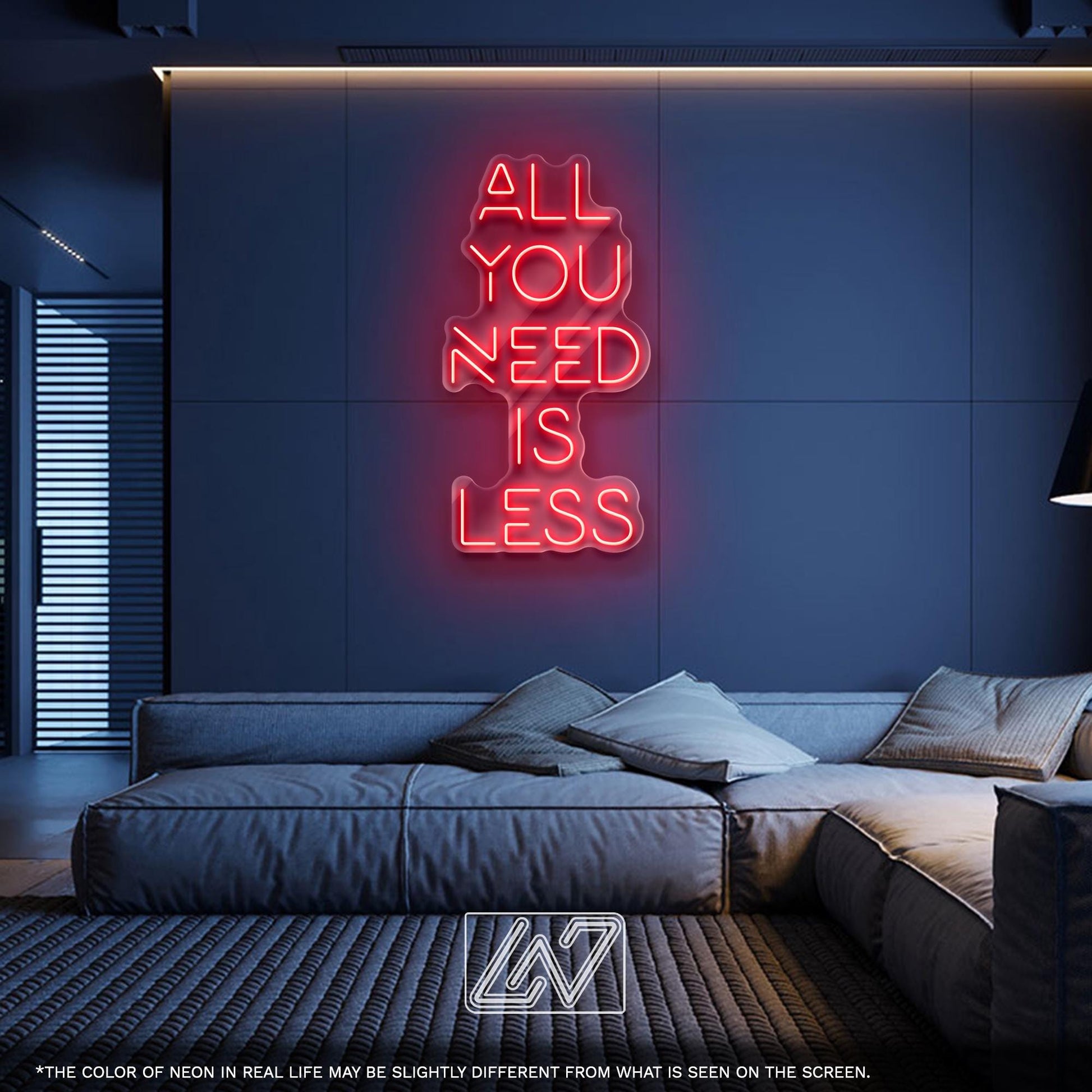 All You Need Is Less – minimalistic LED neon sign for calm spaces, perfect for modern home decor, office, or studio walls