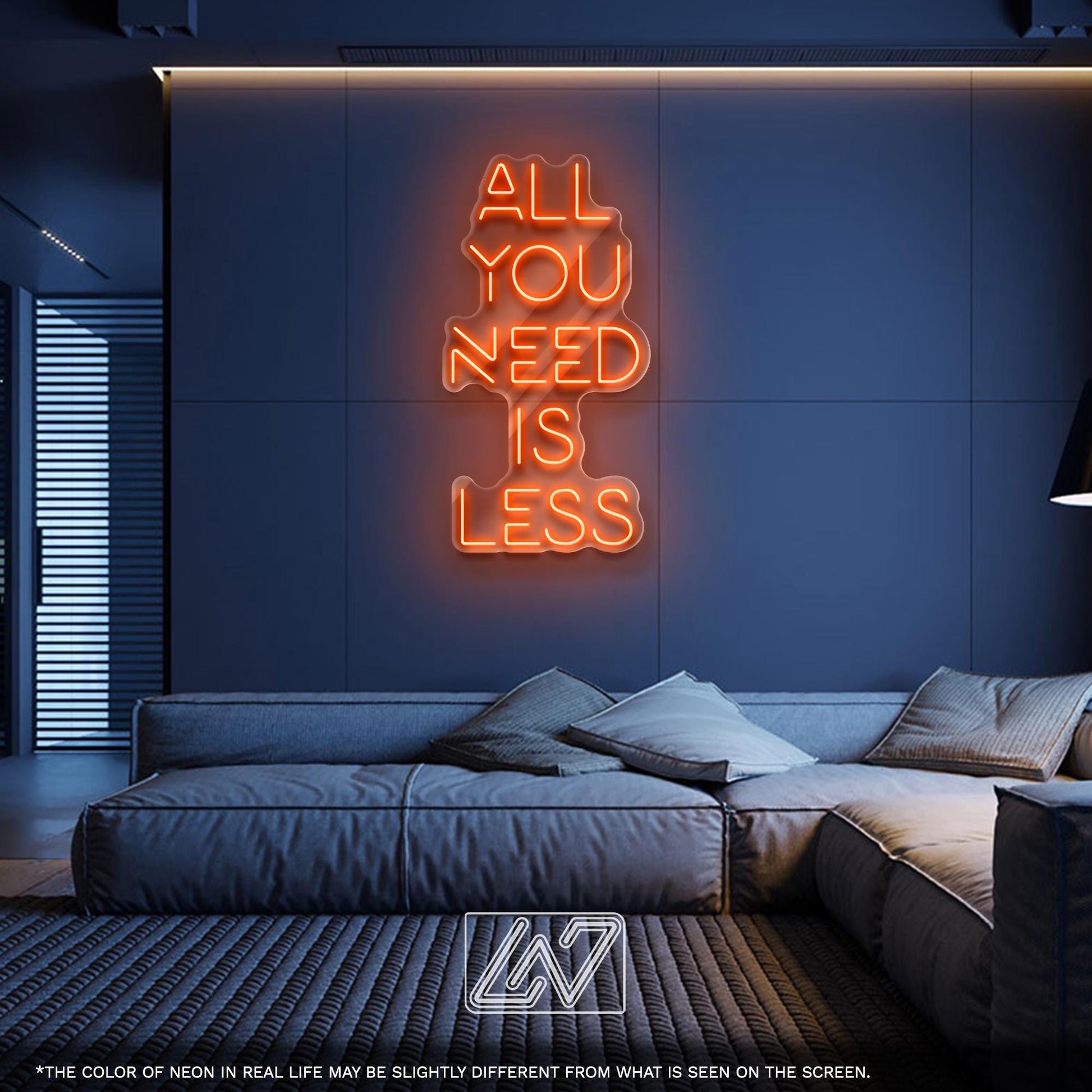 All You Need Is Less – minimalistic LED neon sign for calm spaces, perfect for modern home decor, office, or studio walls