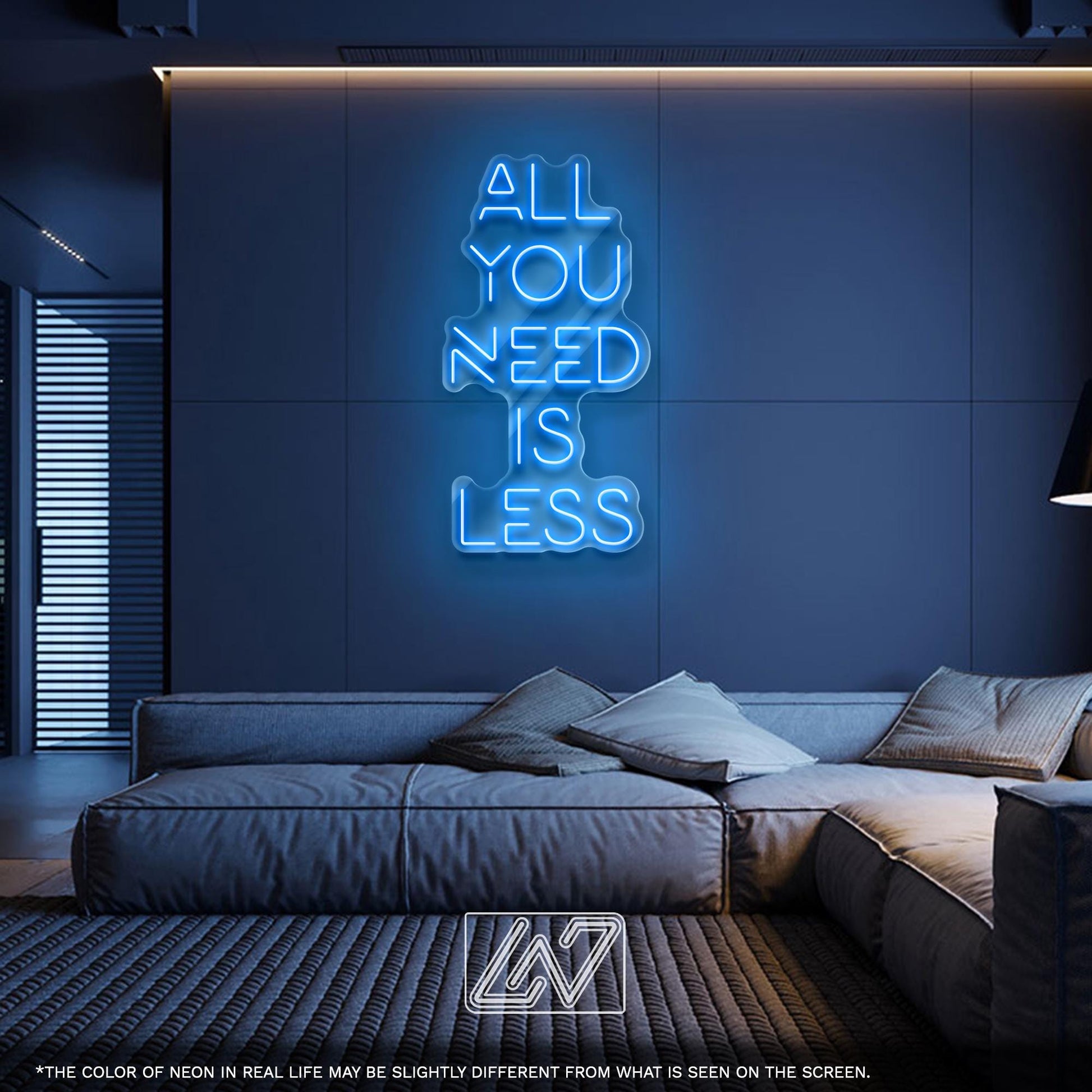 All You Need Is Less – minimalistic LED neon sign for calm spaces, perfect for modern home decor, office, or studio walls