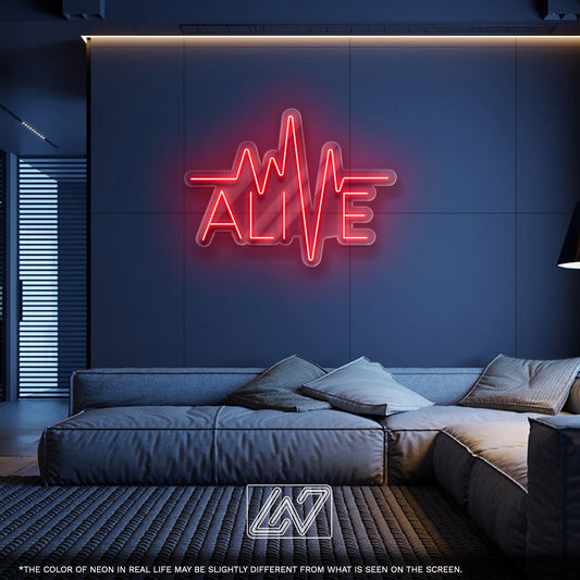 ALIVE LED Neon Sign – Electric heartbeat wall light with pulse design, perfect for gyms, studios, or modern interiors to energize your space