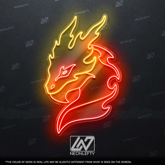 Dragon - LED neon sign with flaming dragon head design for game rooms, fantasy-themed decor, man caves or anime and mythology lover’s space