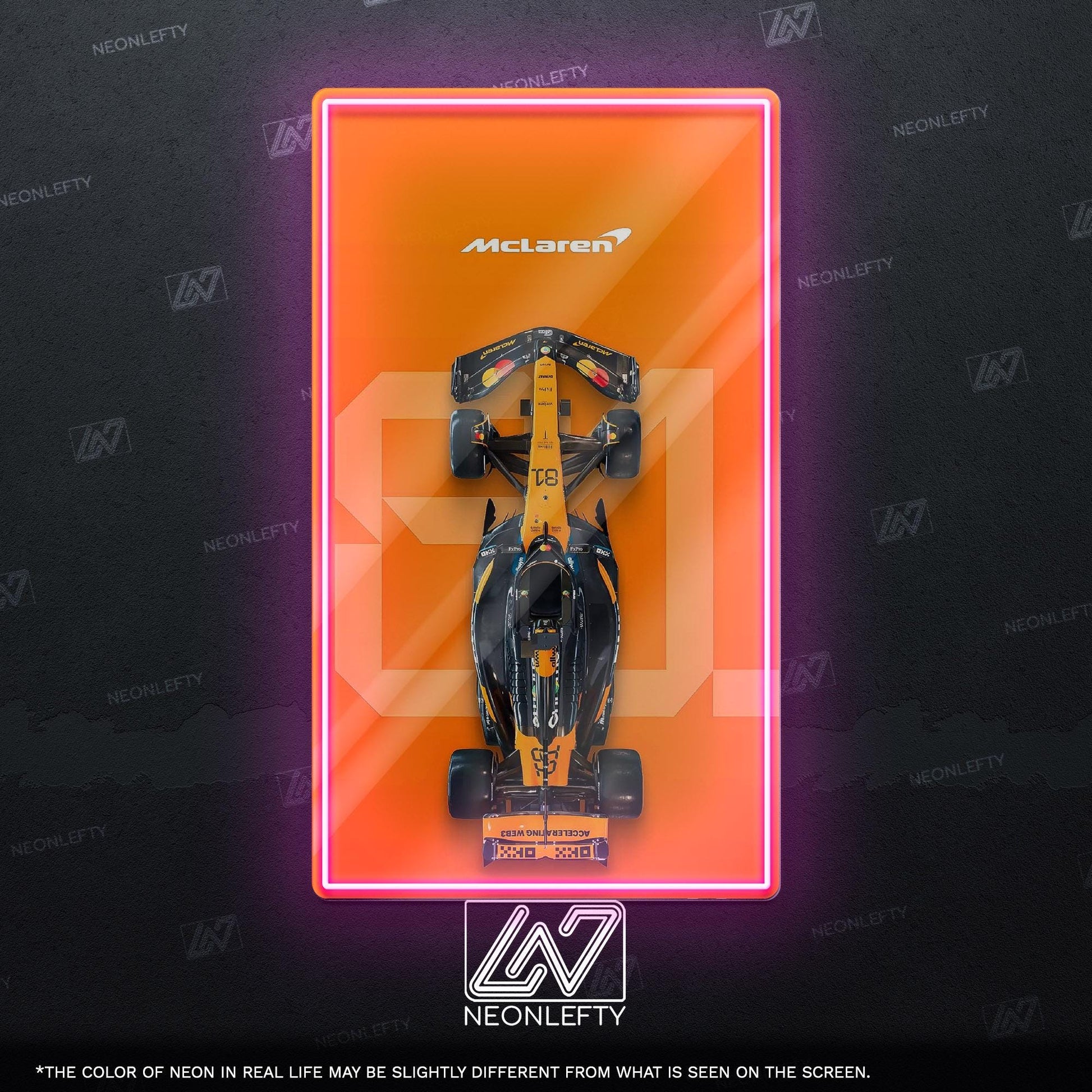 F1 McLaren Car - LED neon sign with top view race car design perfect for motorsport lovers, man caves, game rooms or Formula 1 themed decor