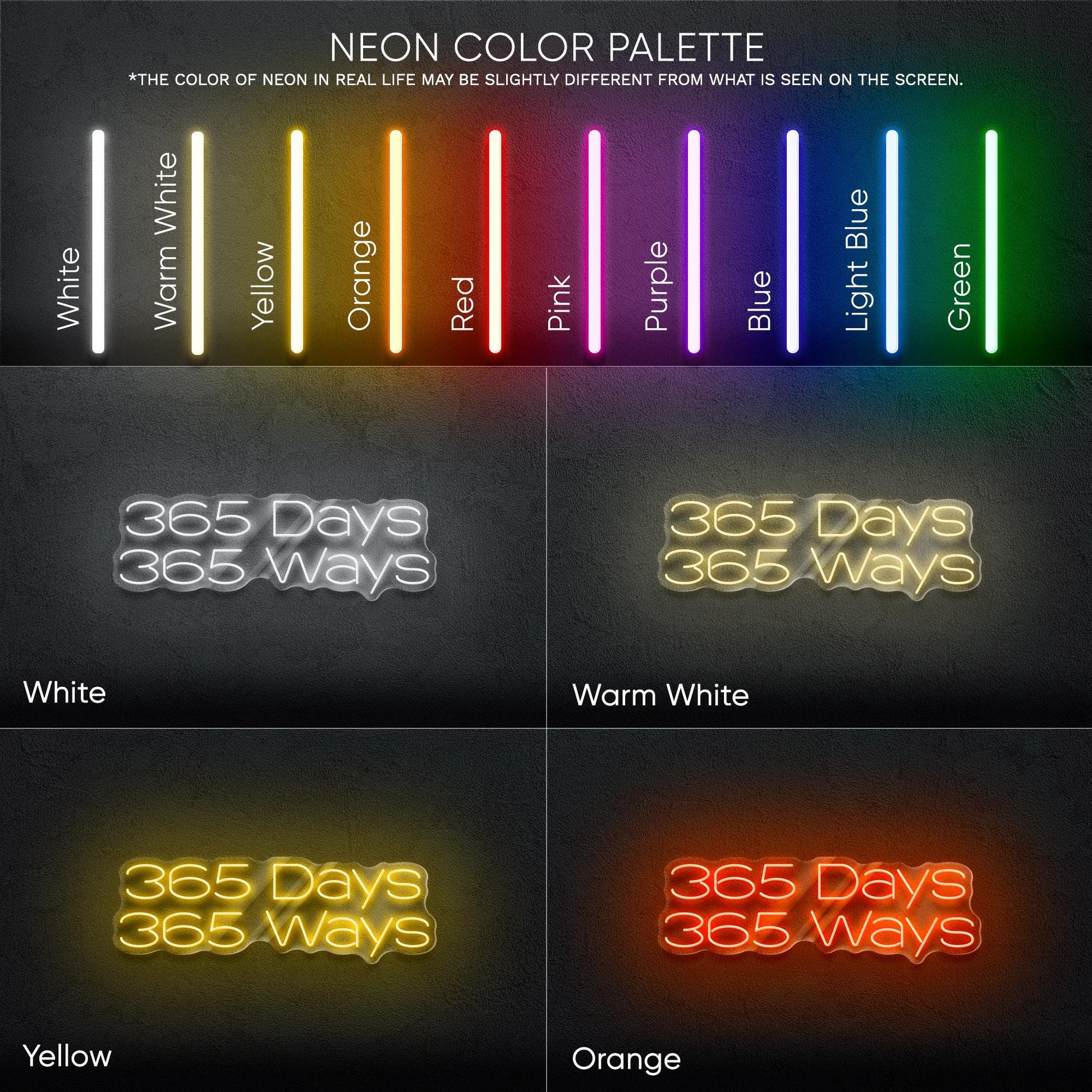 365 Days 365 Ways Neon Sign - Inspirational daily motivation quote wall decor for office, gym, studio, workspace with energetic modern vibes