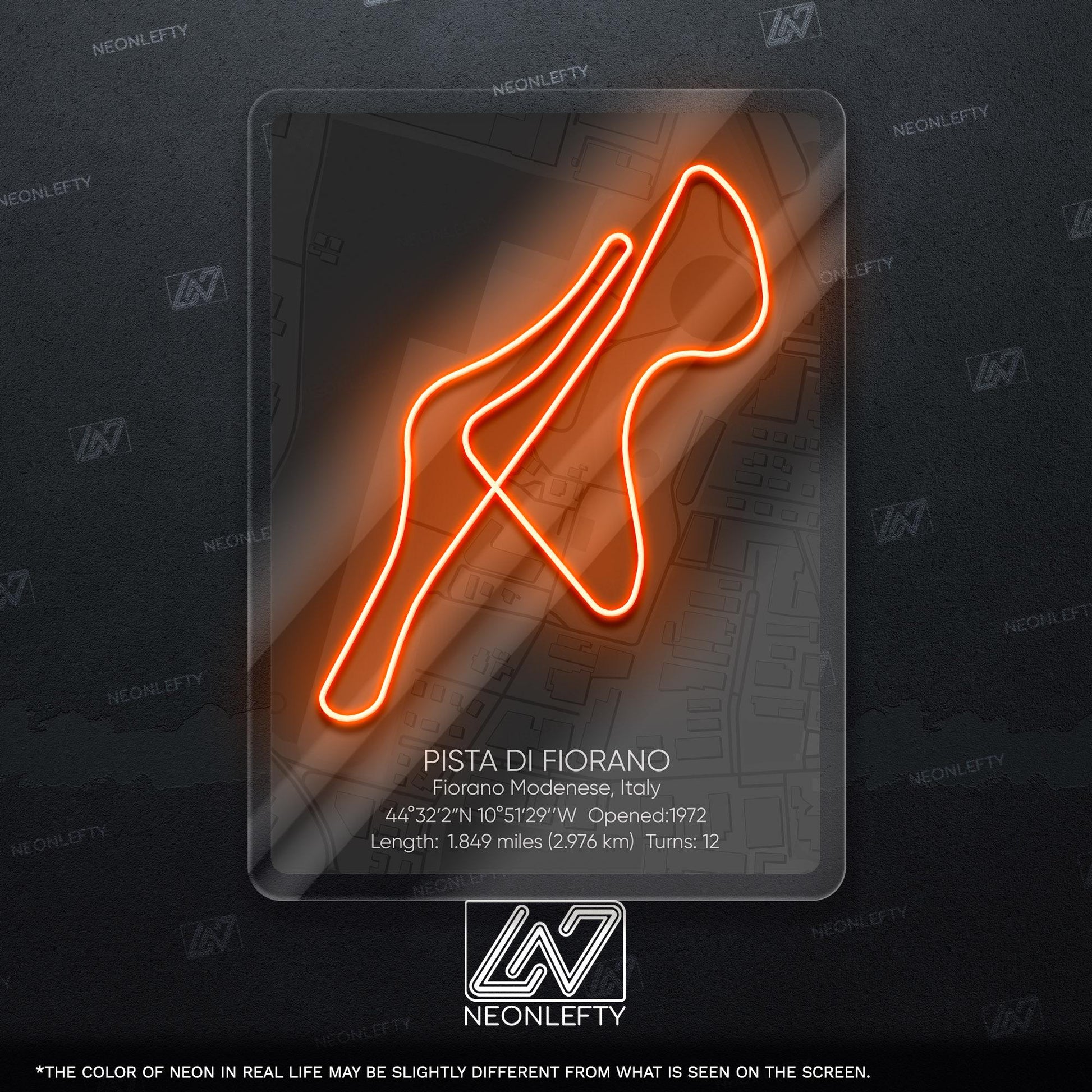 Fiorano Circuit Neon Sign - Iconic Ferrari test track wall art from Italy, perfect for garage, man cave, motorsport room, racing enthusiast