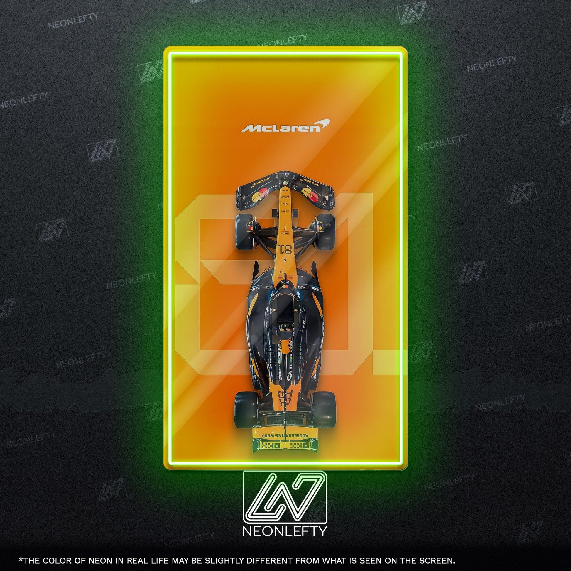 F1 McLaren Car - LED neon sign with top view race car design perfect for motorsport lovers, man caves, game rooms or Formula 1 themed decor