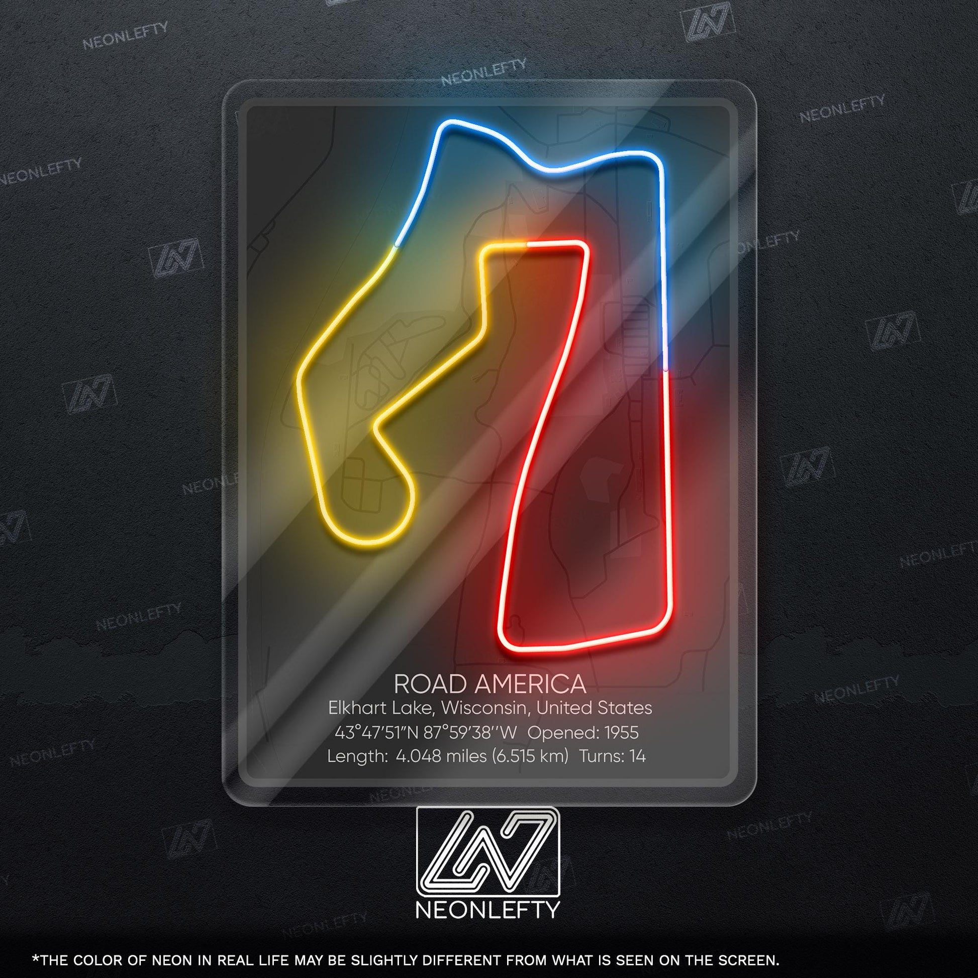 Road America Neon Sign - Classic American race track wall decor for motorsport fans, perfect for garage, man cave, racing-themed room