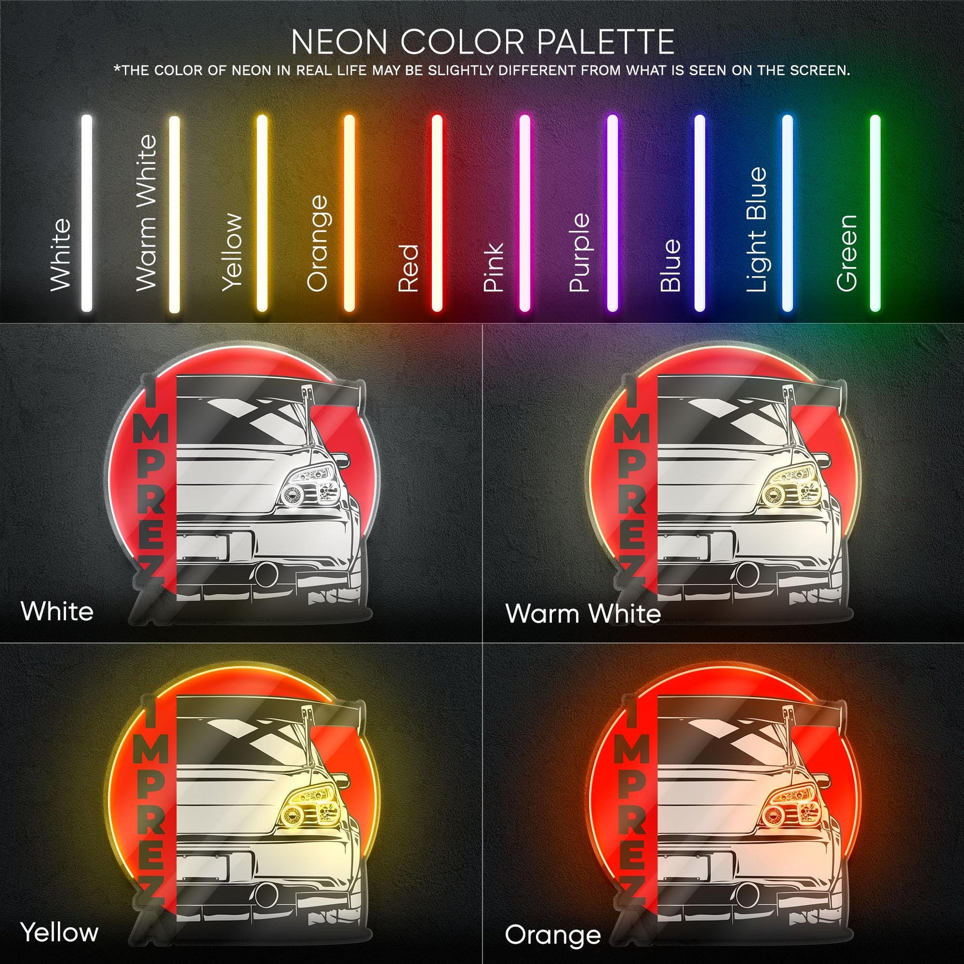 Subaru Impreza Neon Sign - Iconic rally-bred JDM rear view wall art, perfect for garage, man cave, street and track car enthusiast