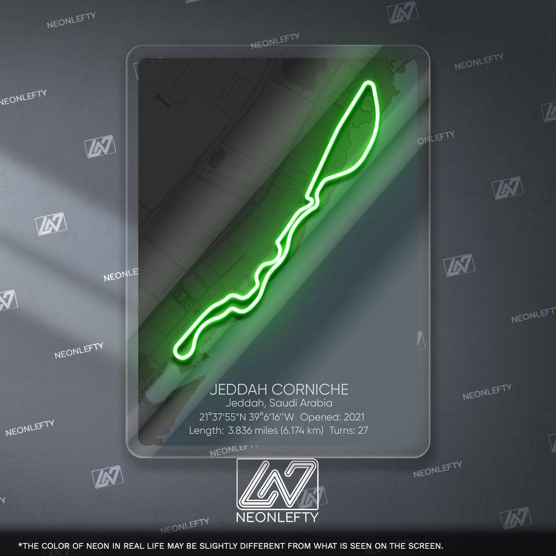 Jeddah Circuit Neon Sign - Modern Formula 1 street circuit wall art inspired by the Saudi Arabian Grand Prix, perfect for garage, race fan