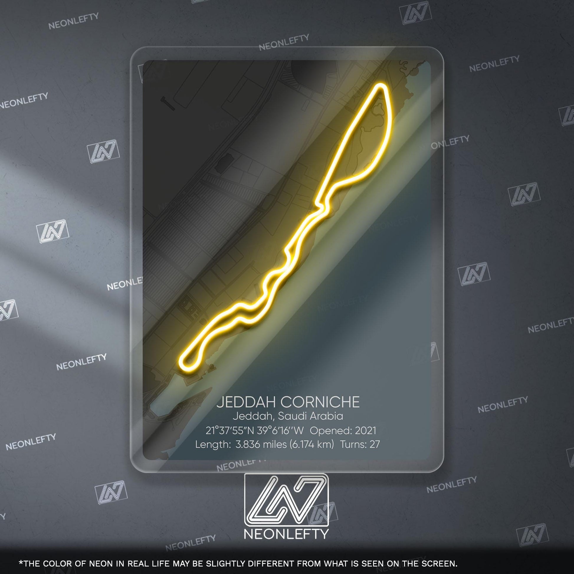 Jeddah Circuit Neon Sign - Modern Formula 1 street circuit wall art inspired by the Saudi Arabian Grand Prix, perfect for garage, race fan