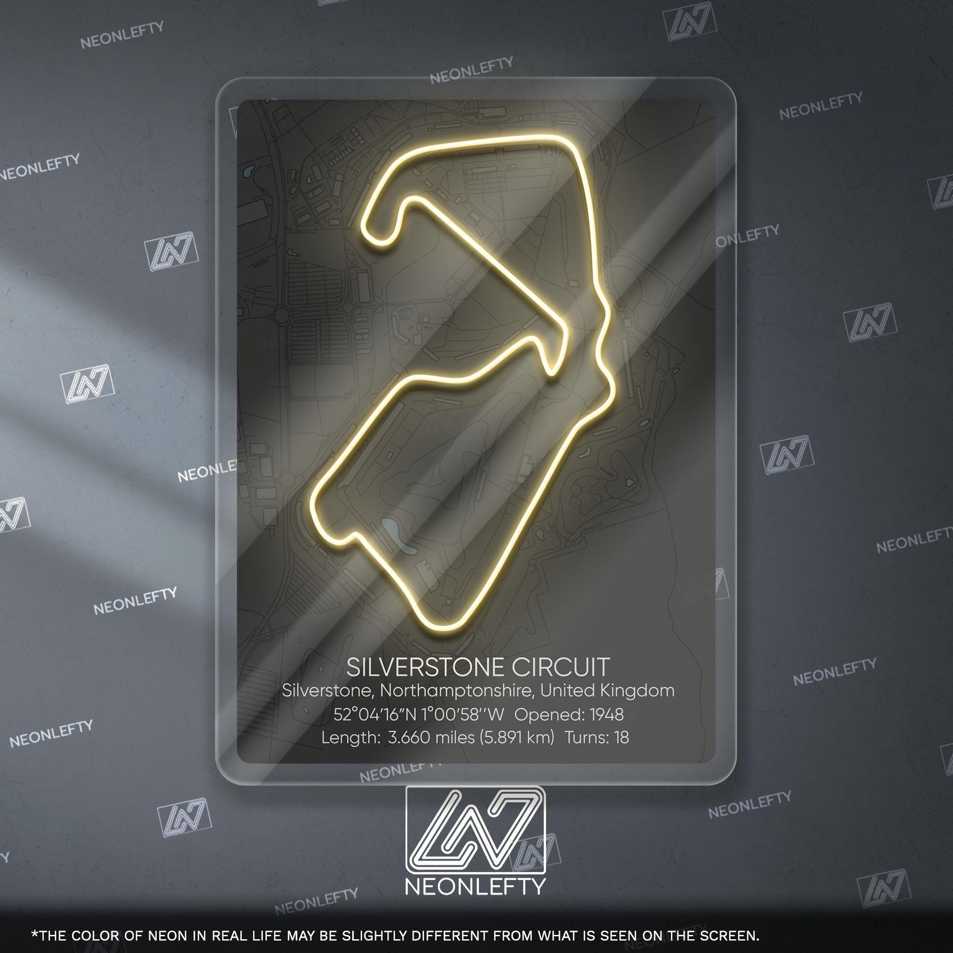 Silverstone Circuit Neon Sign - Historic British Formula 1 track wall art for motorsport fans, perfect for garage, man cave, racing decor