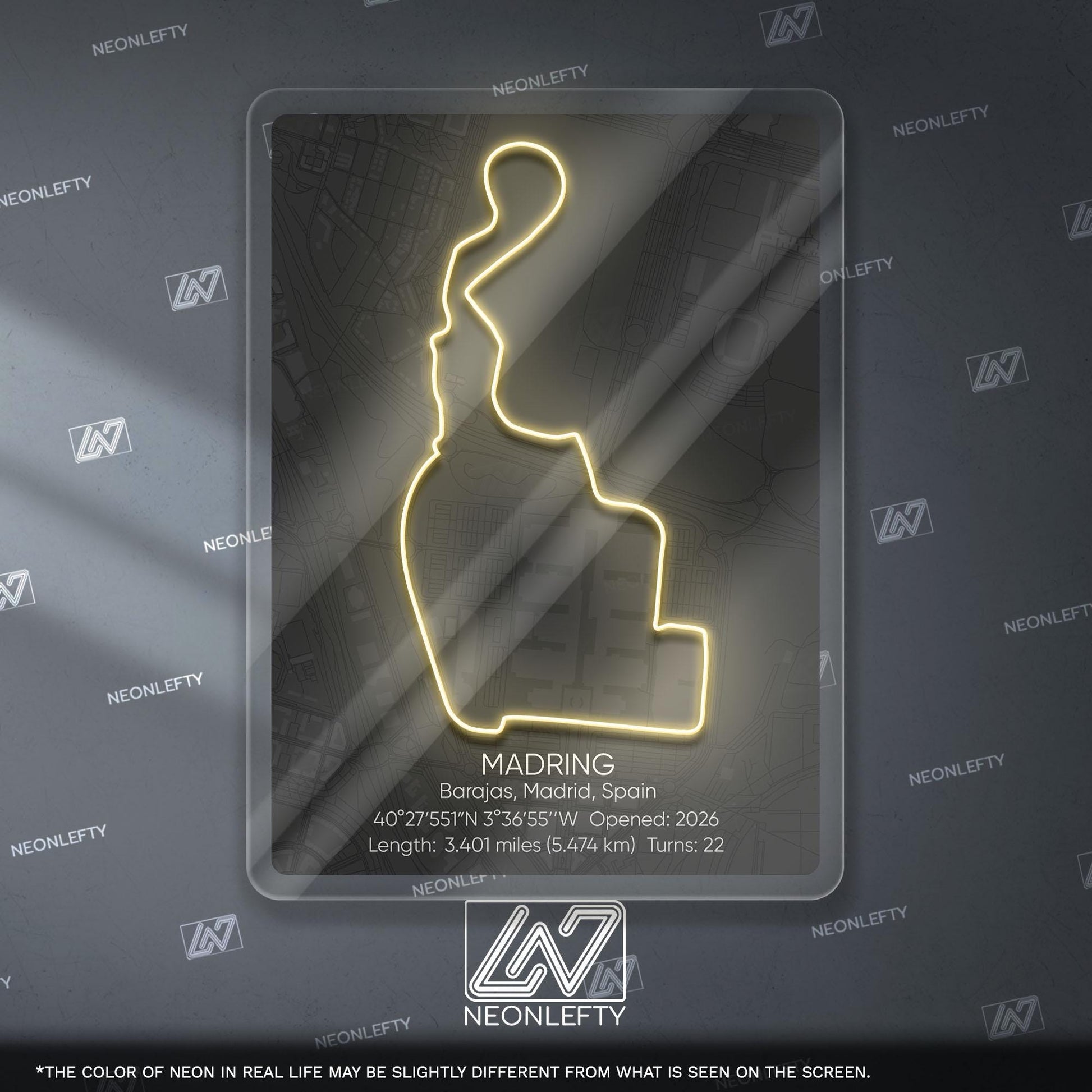 Madring Circuit Neon Sign - Modern racing track wall art inspired by Circuito de Madring, perfect for garage, man cave, motorsport room