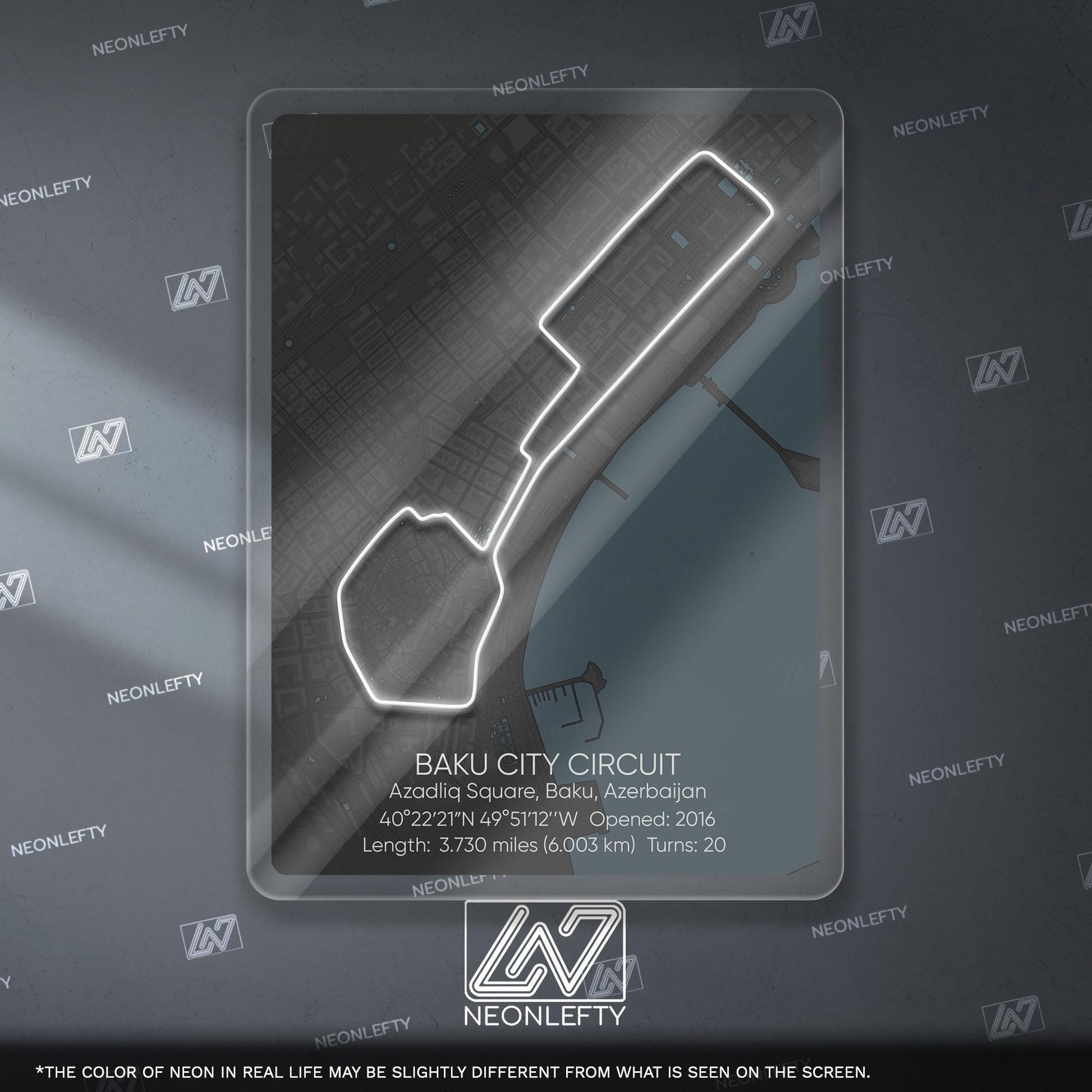 Baku Circuit Neon Sign - Iconic Formula 1 street track wall art inspired by the Azerbaijan Grand Prix, perfect for garage, racing decor