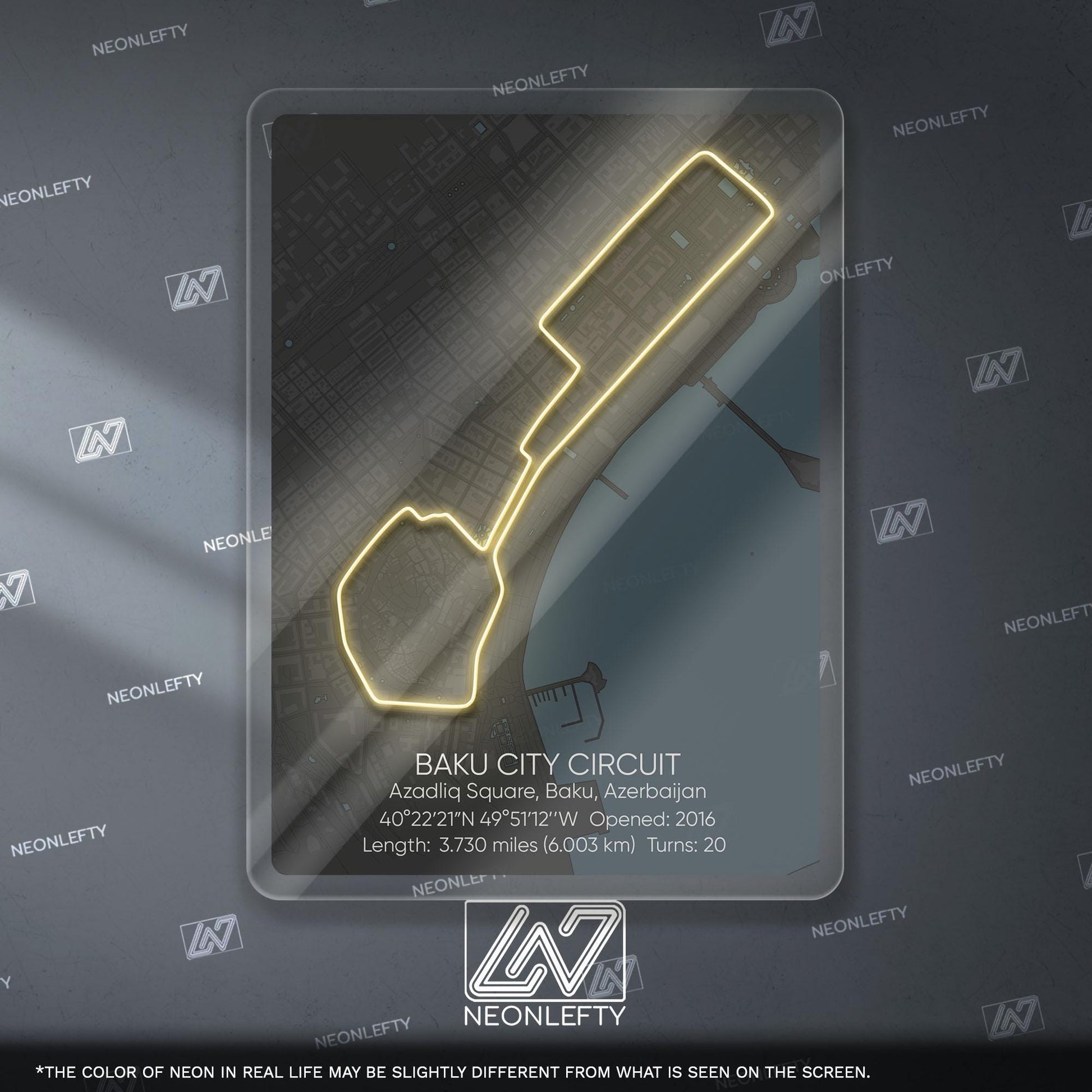 Baku Circuit Neon Sign - Iconic Formula 1 street track wall art inspired by the Azerbaijan Grand Prix, perfect for garage, racing decor