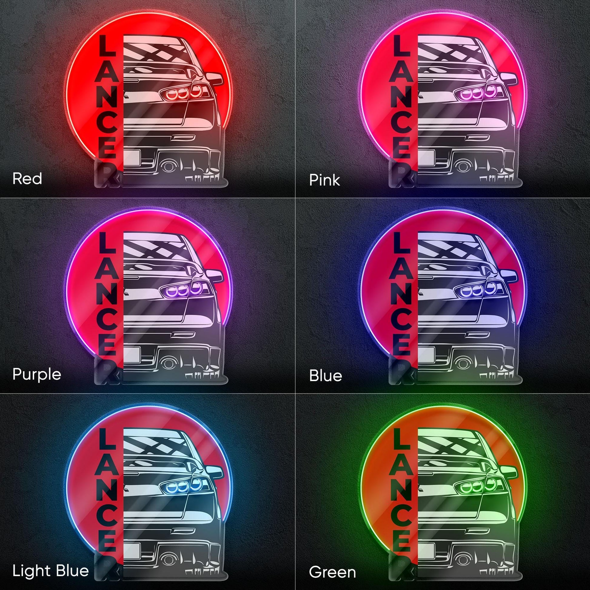 Lancer Evo X Neon Sign - Rear view wall art of iconic Mitsubishi Evo X, perfect for garage, man cave, tuner room or JDM rally car enthusiast