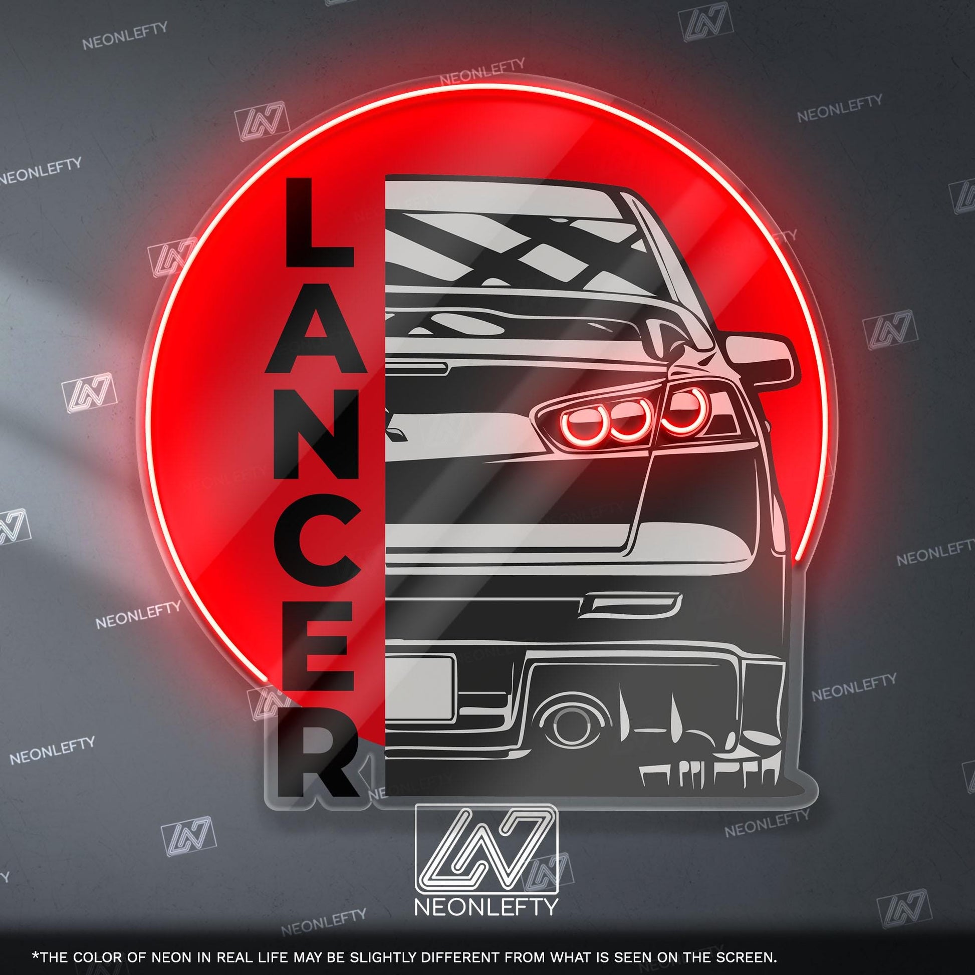 Lancer Evo X Neon Sign - Rear view wall art of iconic Mitsubishi Evo X, perfect for garage, man cave, tuner room or JDM rally car enthusiast