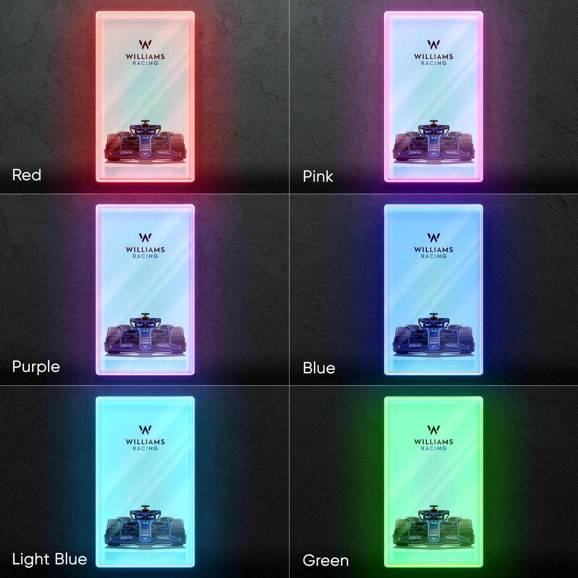 Williams Racing F1 Neon Sign - Front view wall art of iconic Formula 1 team car, perfect for garage, man cave, office or motorsport setup