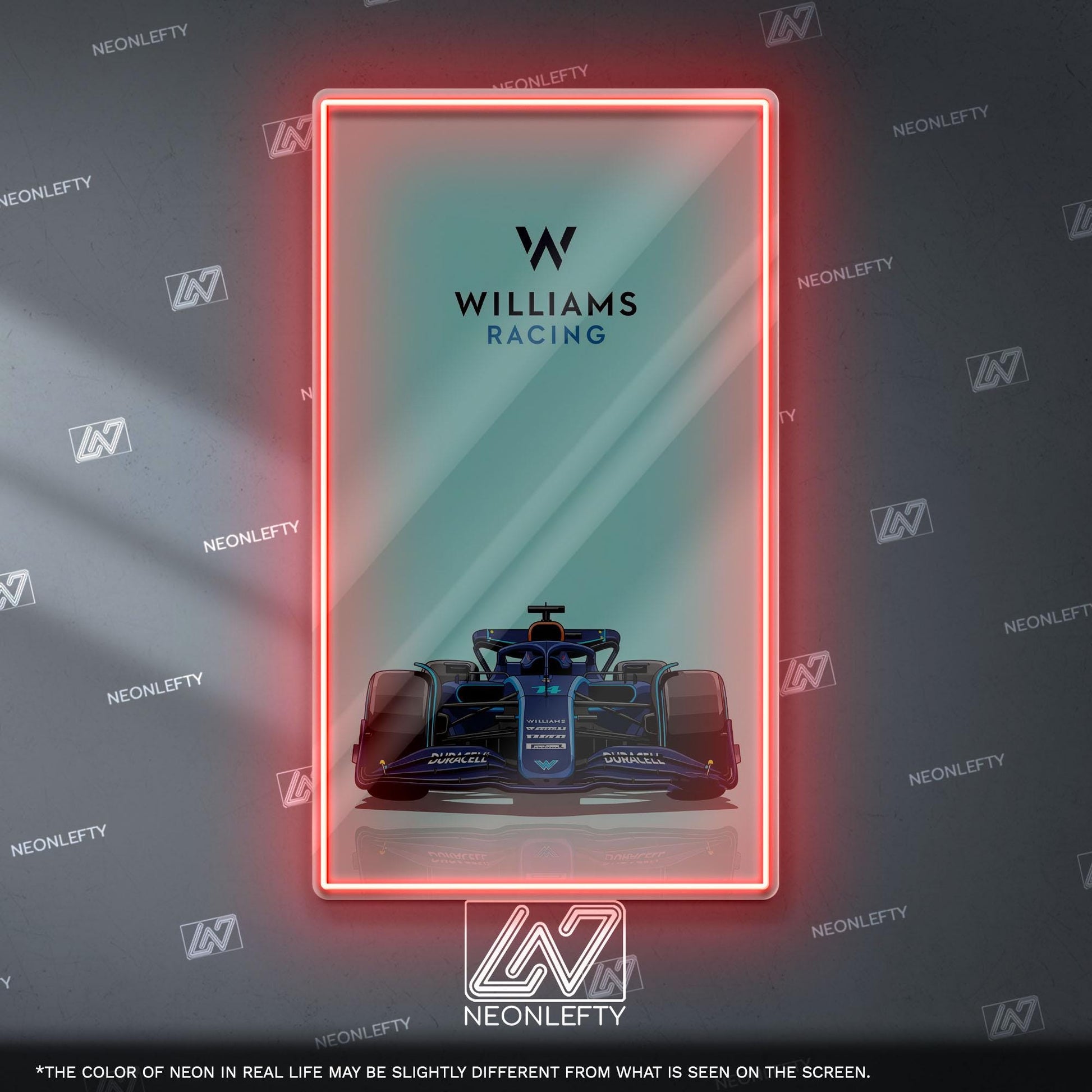 Williams Racing F1 Neon Sign - Front view wall art of iconic Formula 1 team car, perfect for garage, man cave, office or motorsport setup