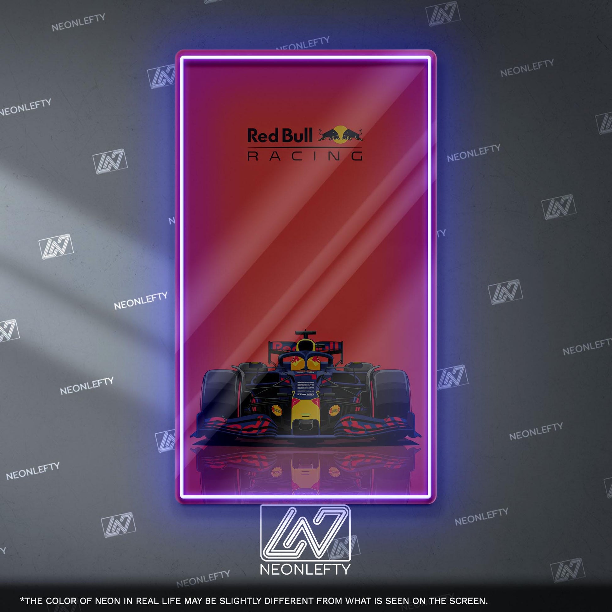 Red Bull Racing F1 Neon Sign - Dynamic front view wall art of iconic Formula 1 team car, perfect for garage, man cave, office or motorsport