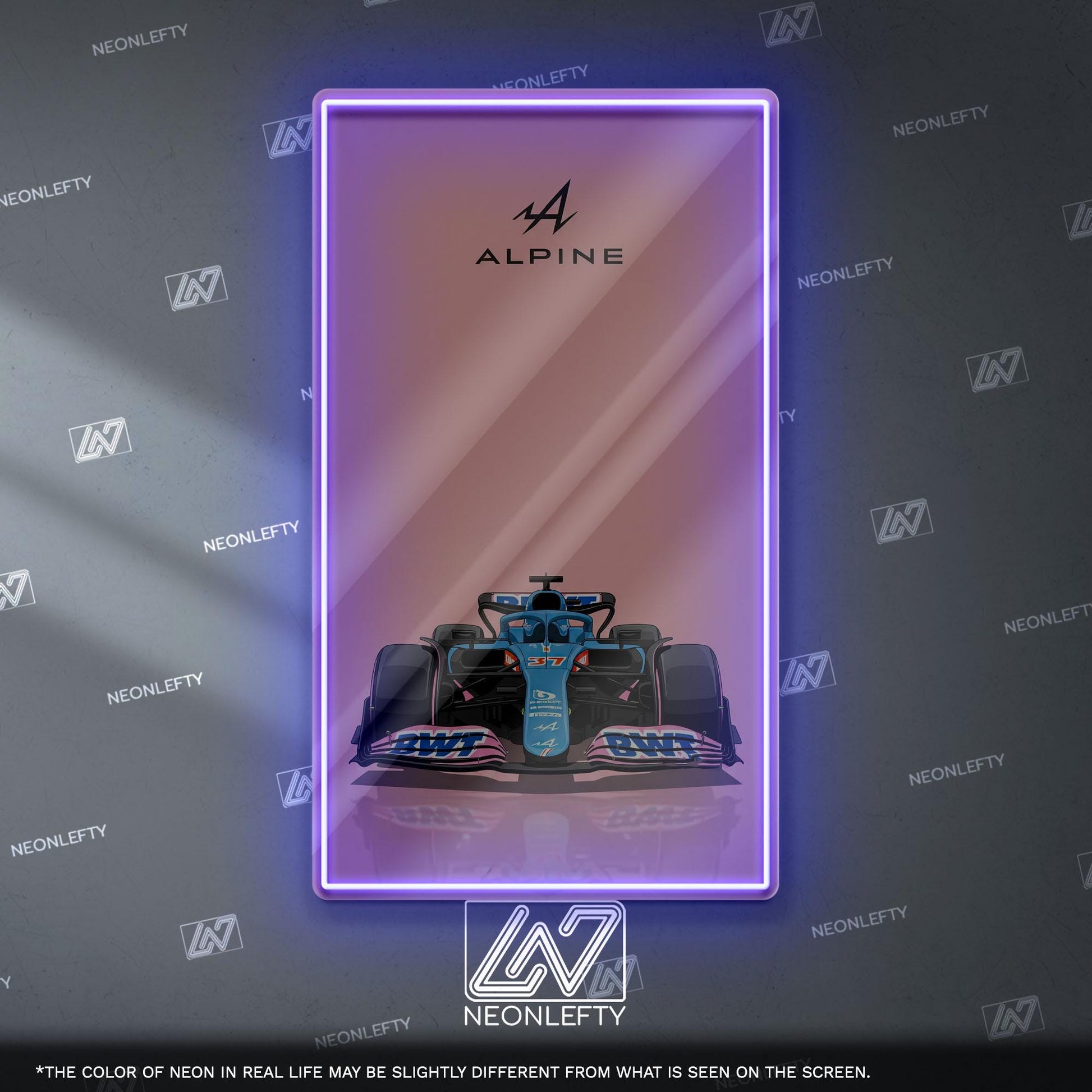 Alpine F1 Neon Sign - Front view wall art of Alpine Formula 1 car, perfect for garage, man cave, office or motorsport enthusiast interior