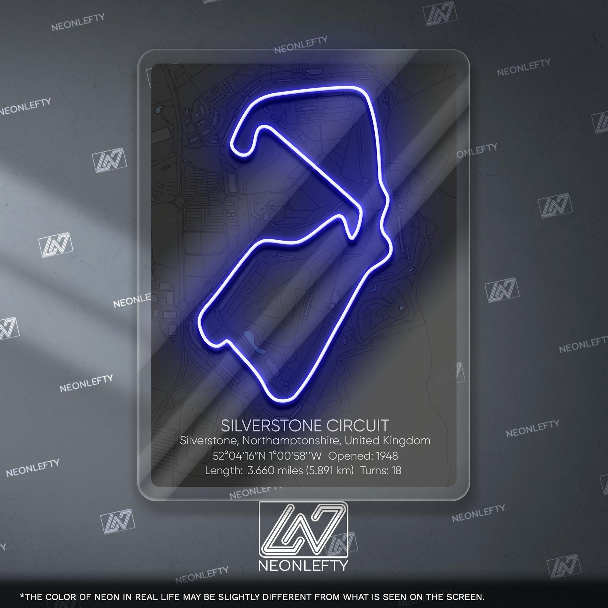 Silverstone Circuit Neon Sign - Historic British Formula 1 track wall art for motorsport fans, perfect for garage, man cave, racing decor