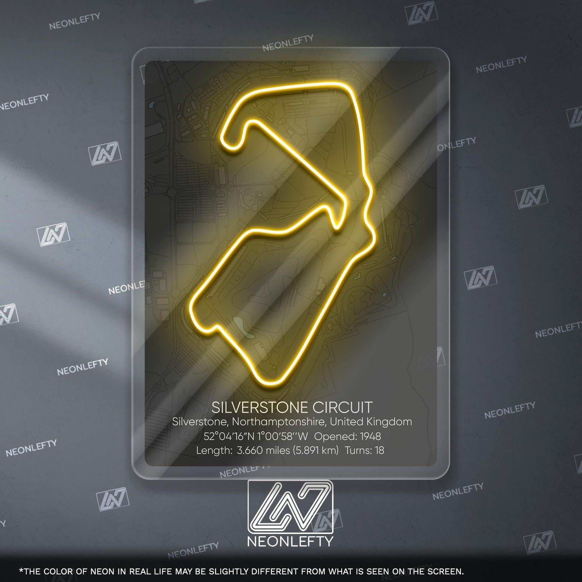 Silverstone Circuit Neon Sign - Historic British Formula 1 track wall art for motorsport fans, perfect for garage, man cave, racing decor