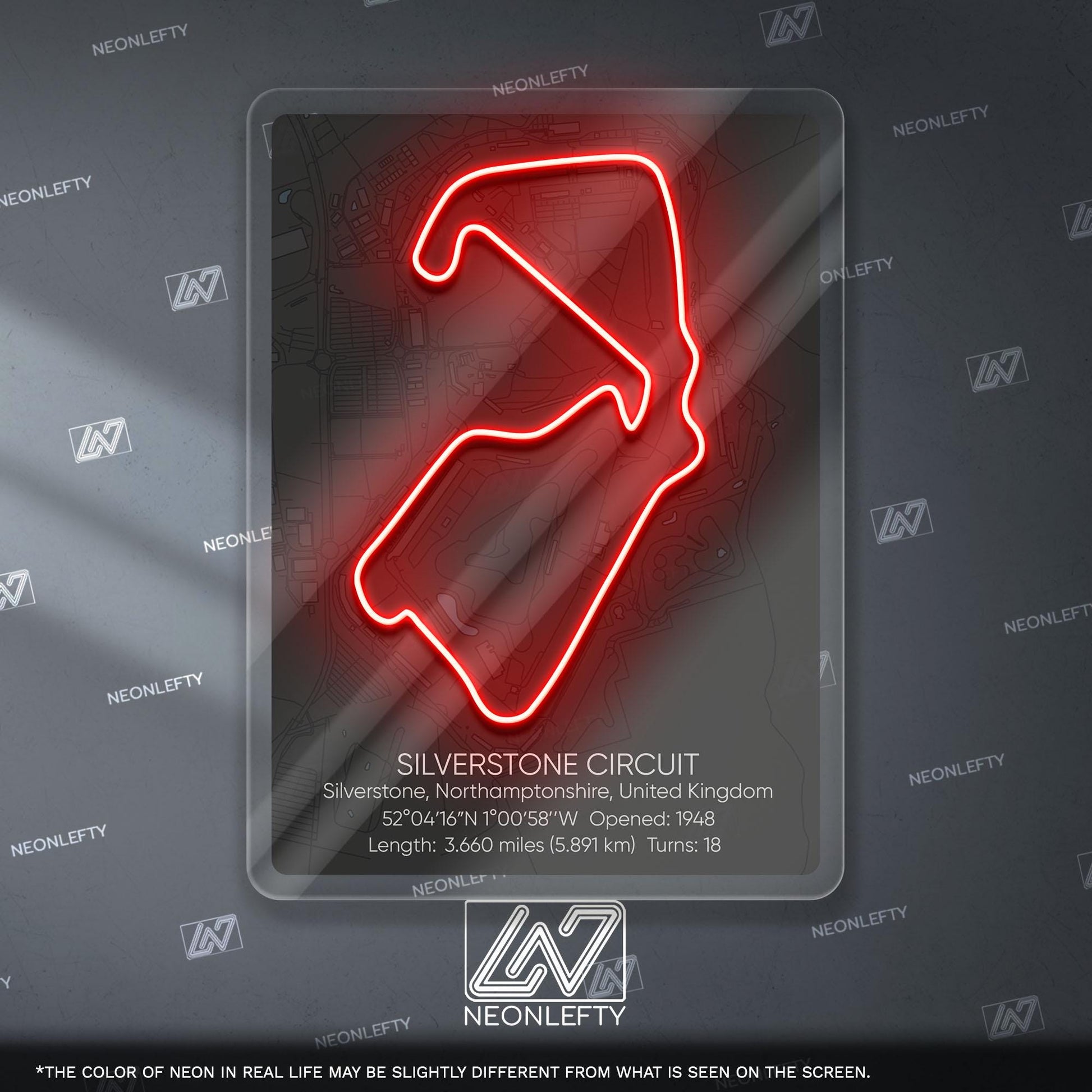Silverstone Circuit Neon Sign - Historic British Formula 1 track wall art for motorsport fans, perfect for garage, man cave, racing decor