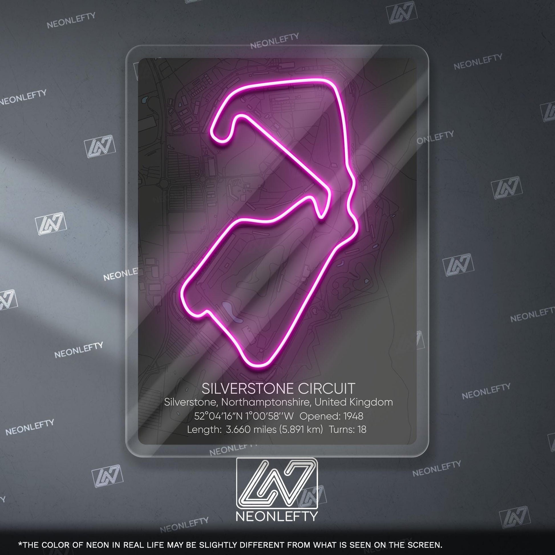 Silverstone Circuit Neon Sign - Historic British Formula 1 track wall art for motorsport fans, perfect for garage, man cave, racing decor