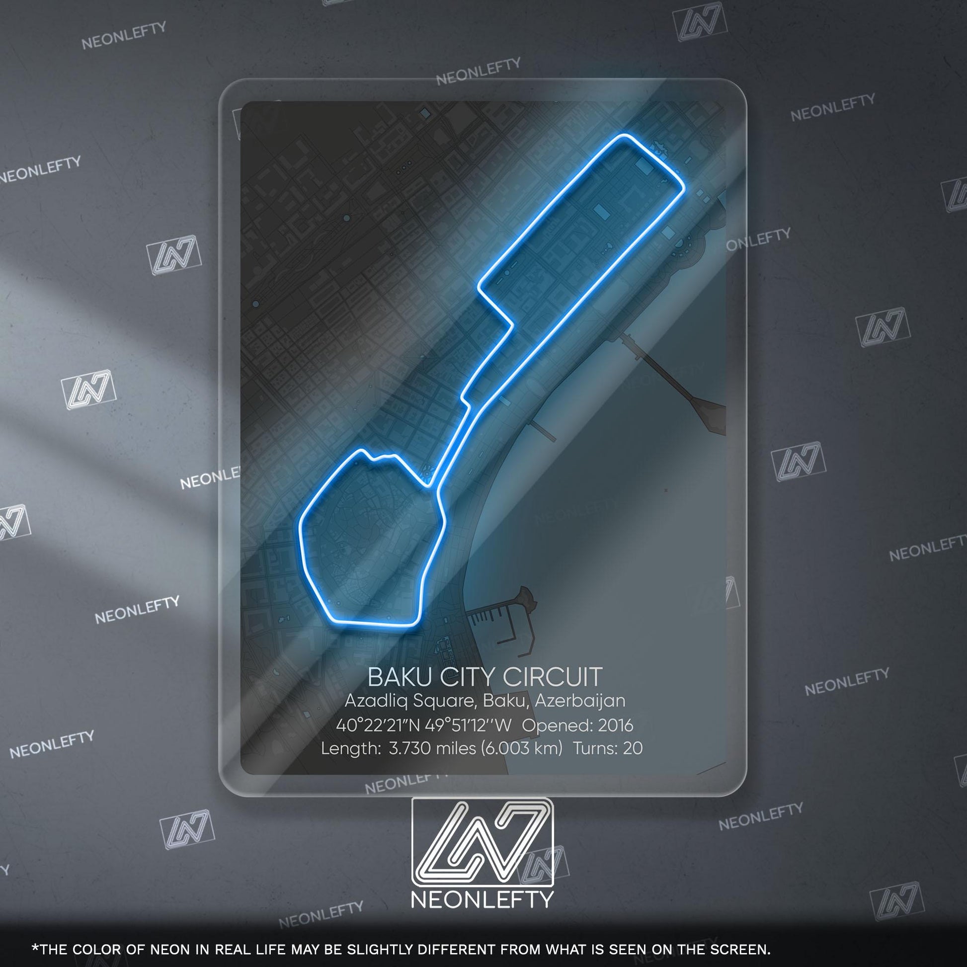 Baku Circuit Neon Sign - Iconic Formula 1 street track wall art inspired by the Azerbaijan Grand Prix, perfect for garage, racing decor